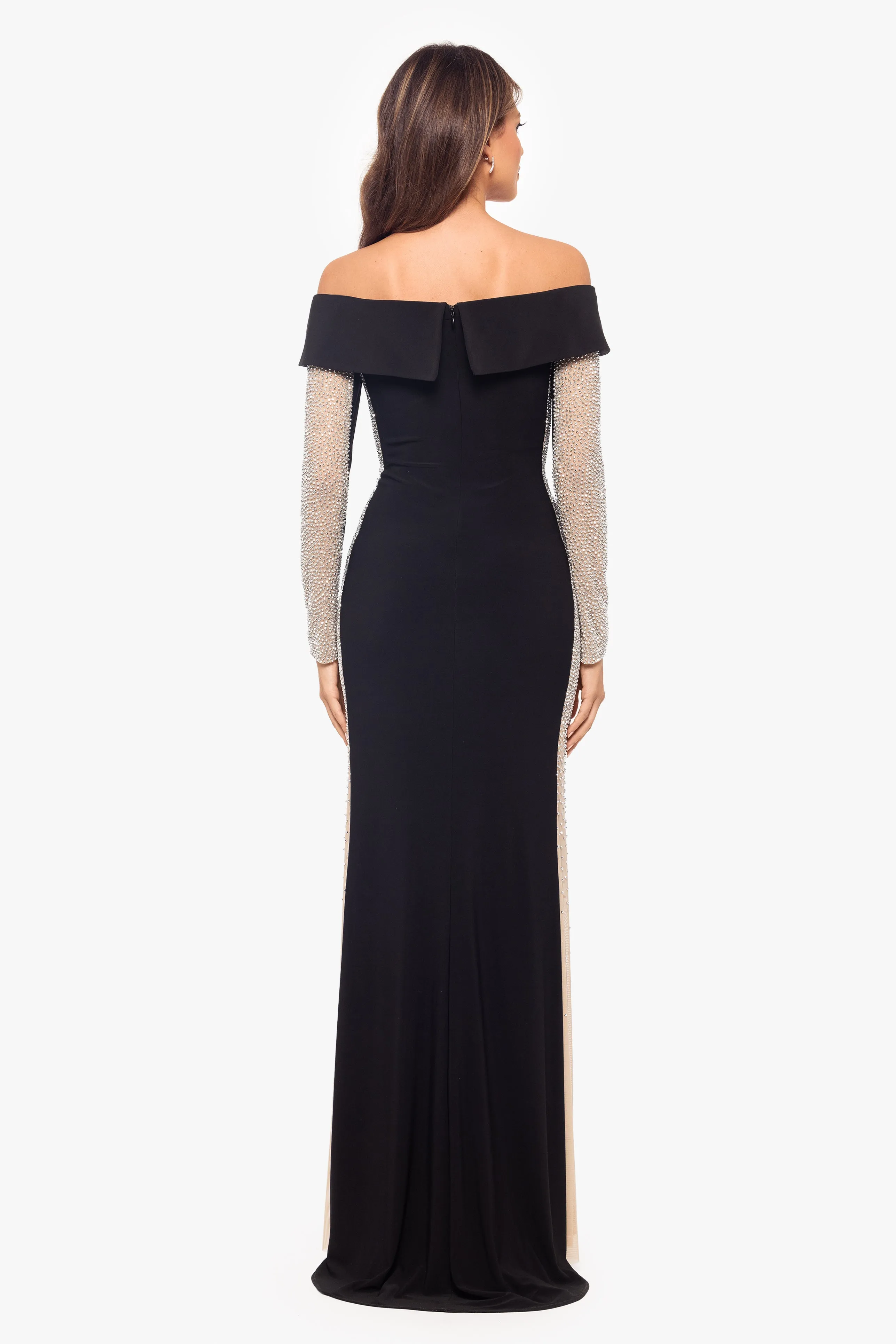 "Jade" Long Off the Should Jersey Knit Caviar Beaded Dress sold by Xscape product image thumbnail 2