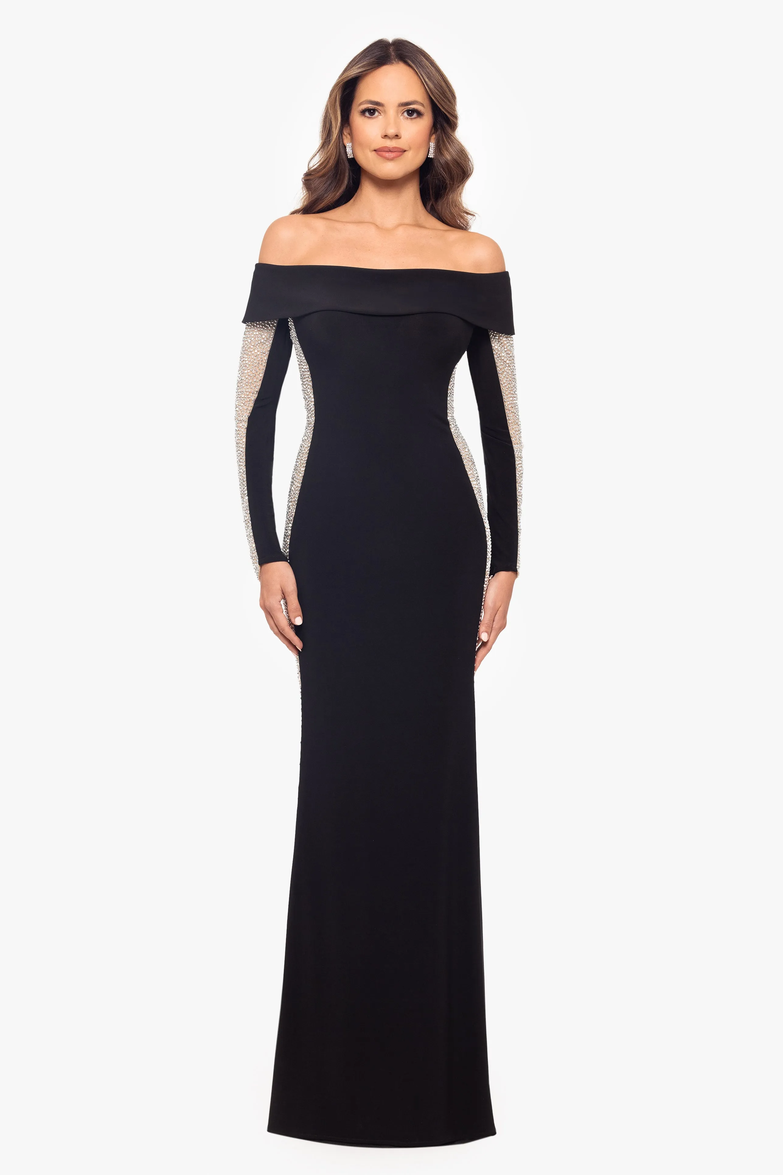 "Jade" Long Off the Should Jersey Knit Caviar Beaded Dress sold by Xscape