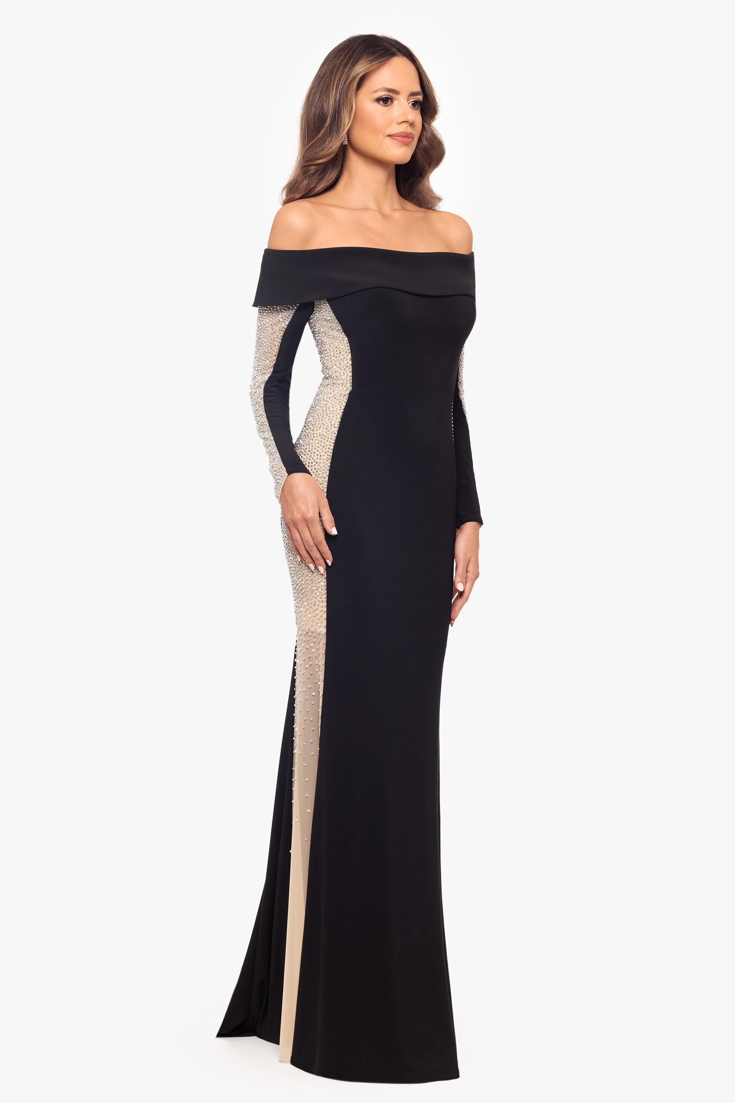 "Jade" Long Off the Should Jersey Knit Caviar Beaded Dress sold by Xscape product image thumbnail 3