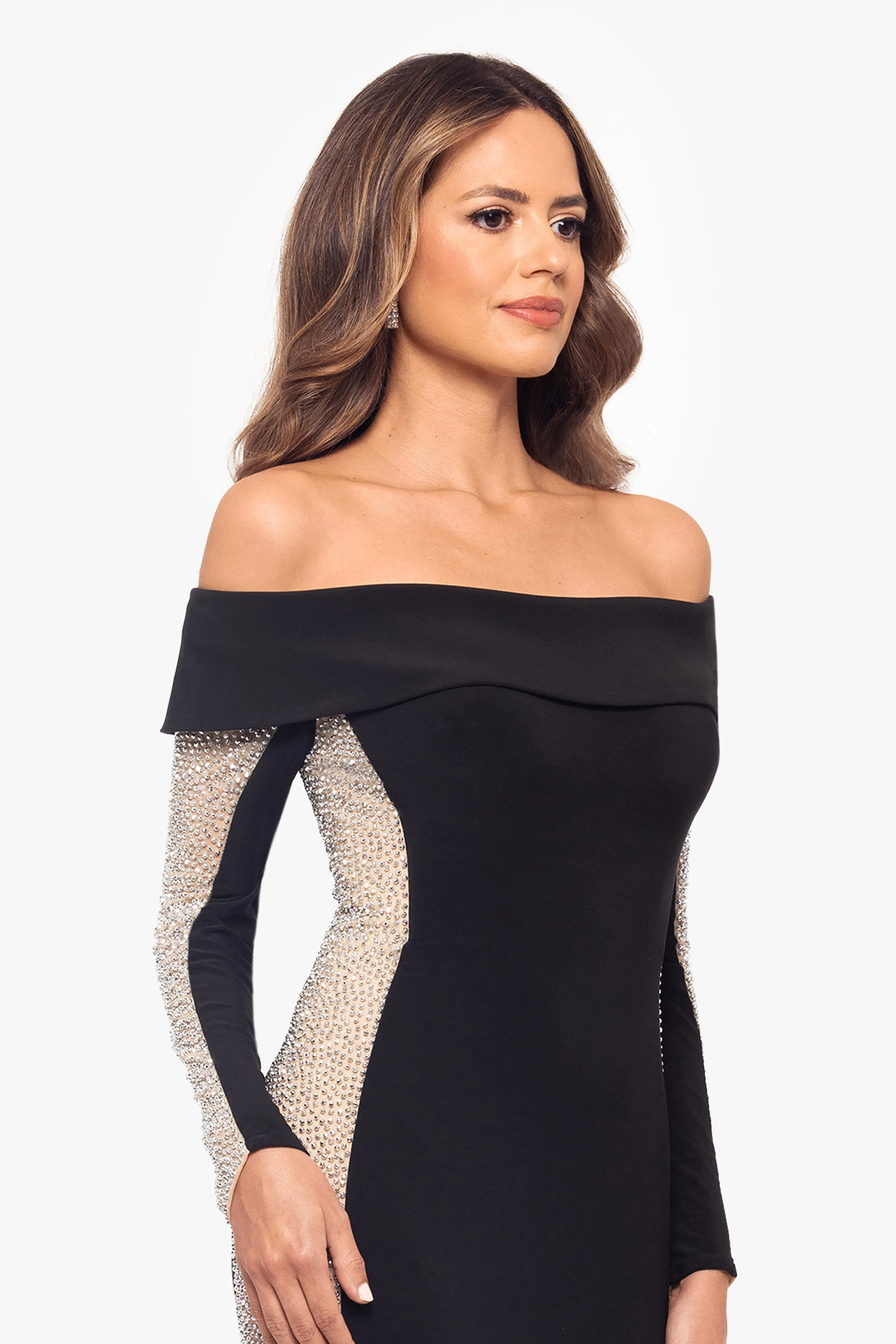 "Jade" Long Off the Should Jersey Knit Caviar Beaded Dress sold by Xscape product image thumbnail 4