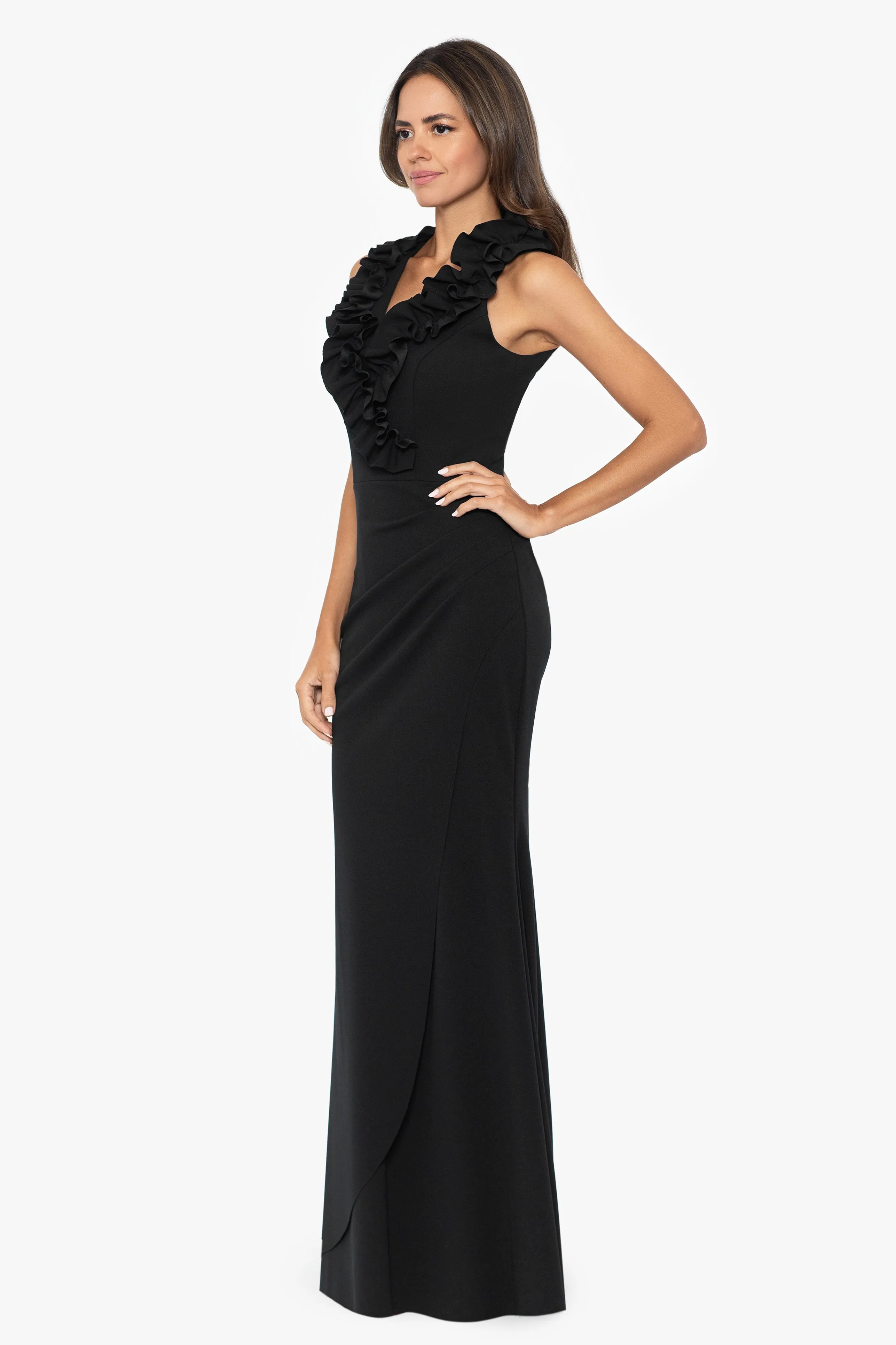 "Sammy" Long Scuba Crepe V-Neck Ruffle Dress sold by Xscape product image thumbnail 3