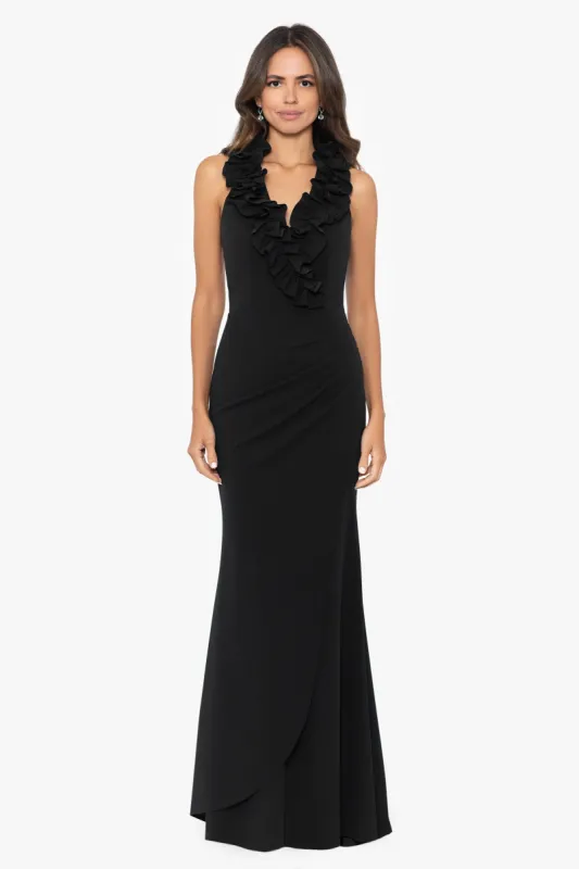 "Sammy" Long Scuba Crepe V-Neck Ruffle Dress made by Xscape