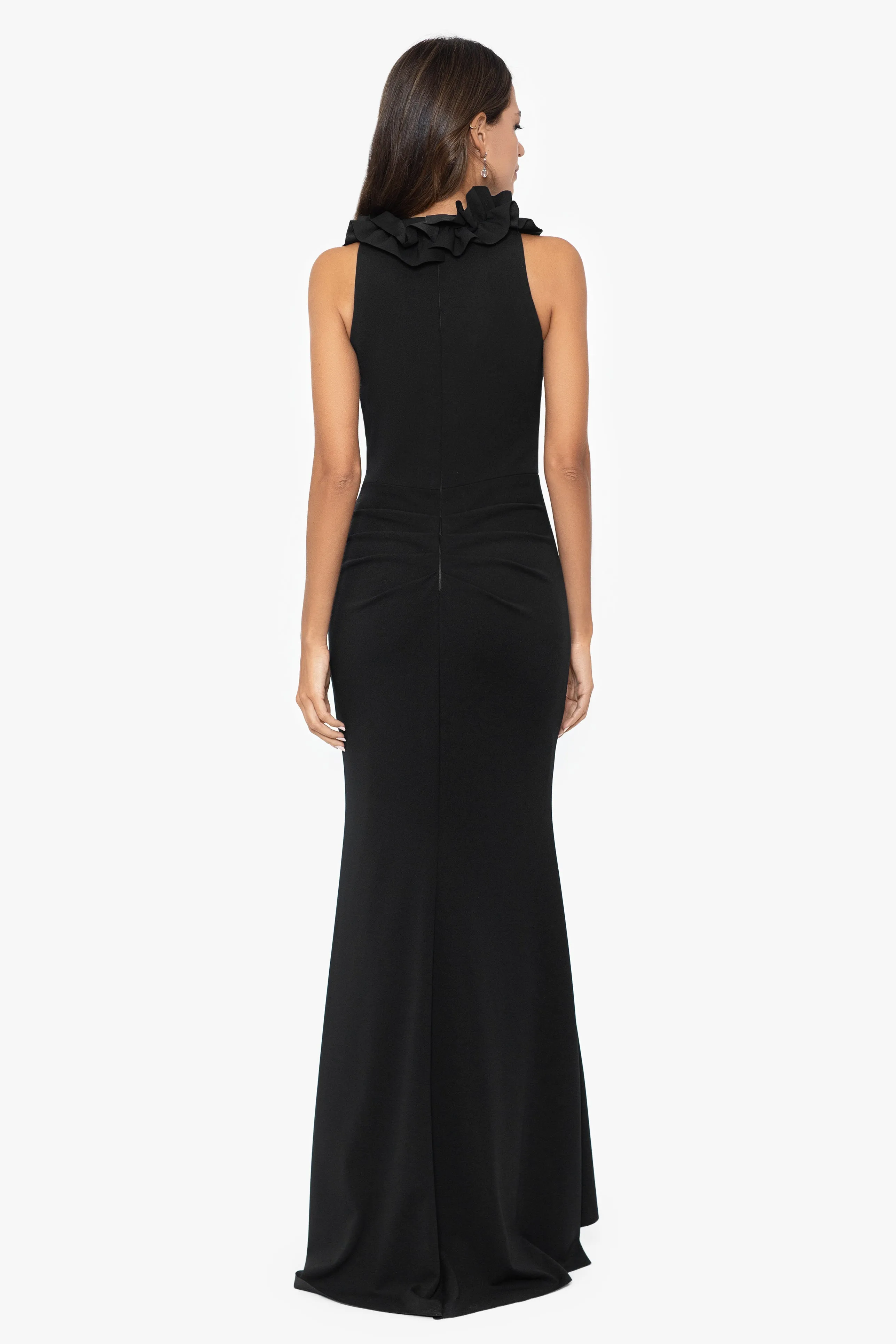 "Sammy" Long Scuba Crepe V-Neck Ruffle Dress sold by Xscape product image thumbnail 2