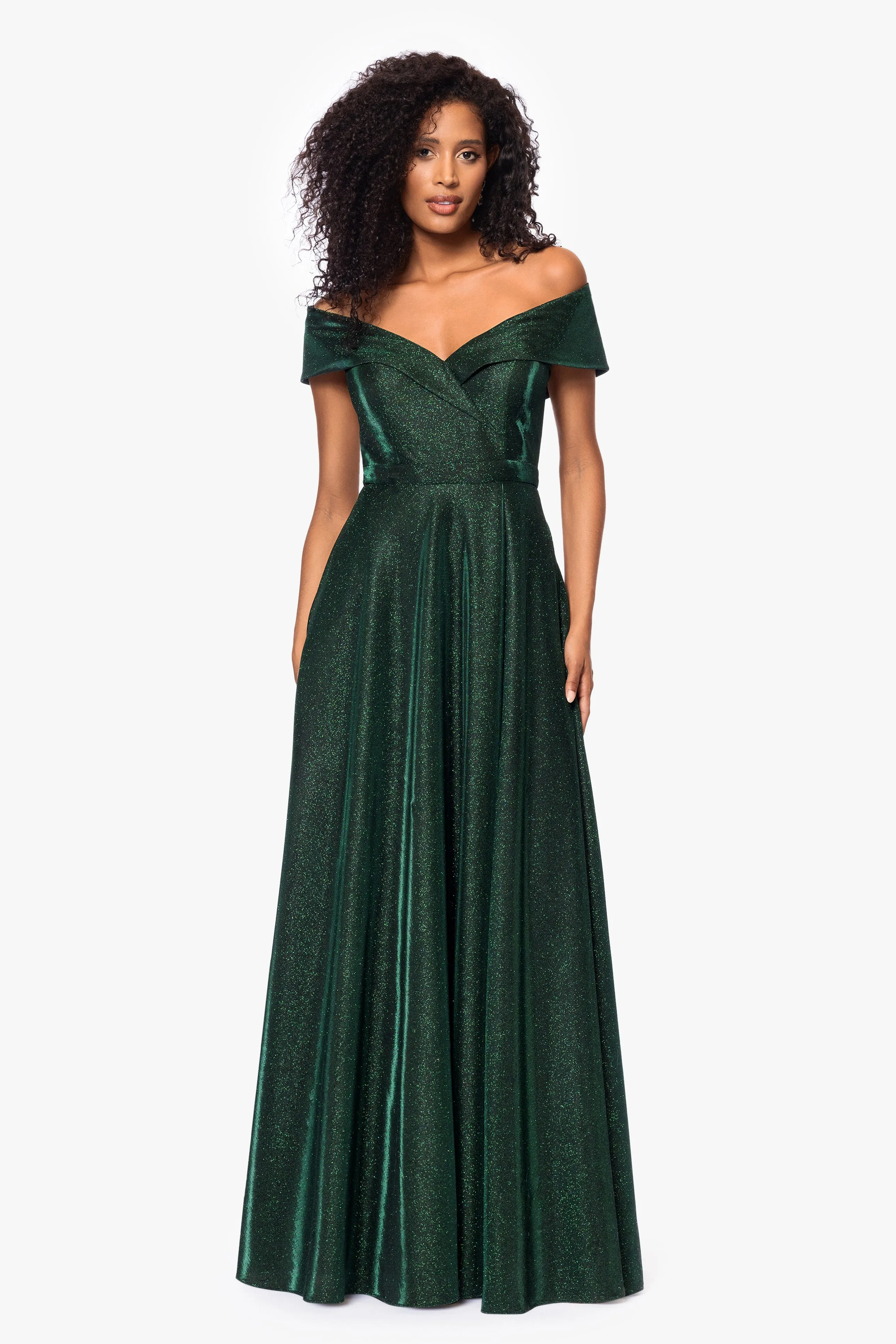 "Willow" Off the Shoulder Glitter Knit Gown sold by Xscape