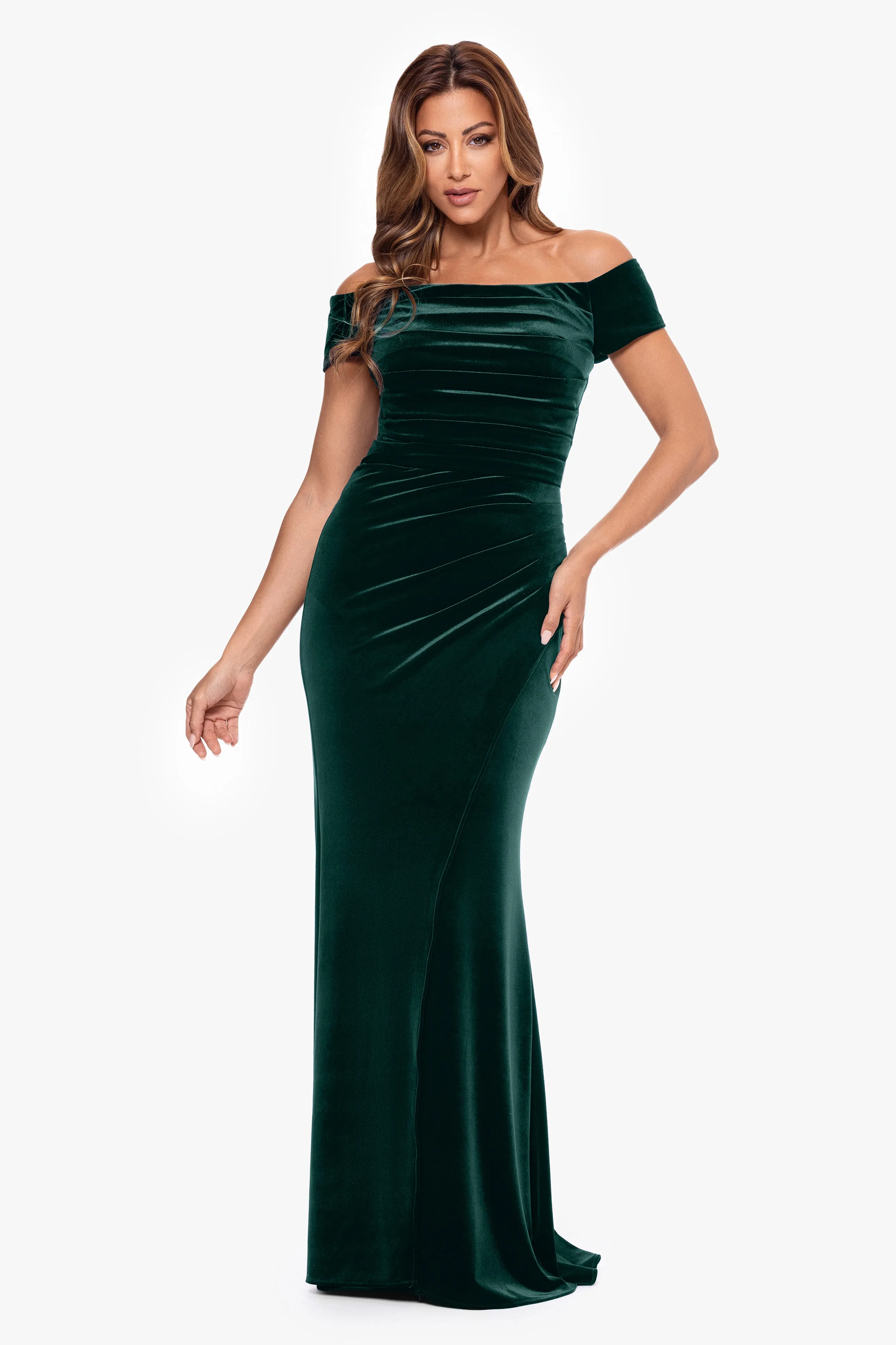 "Anita" Long Velvet Off the Shoulder Dress sold by Xscape