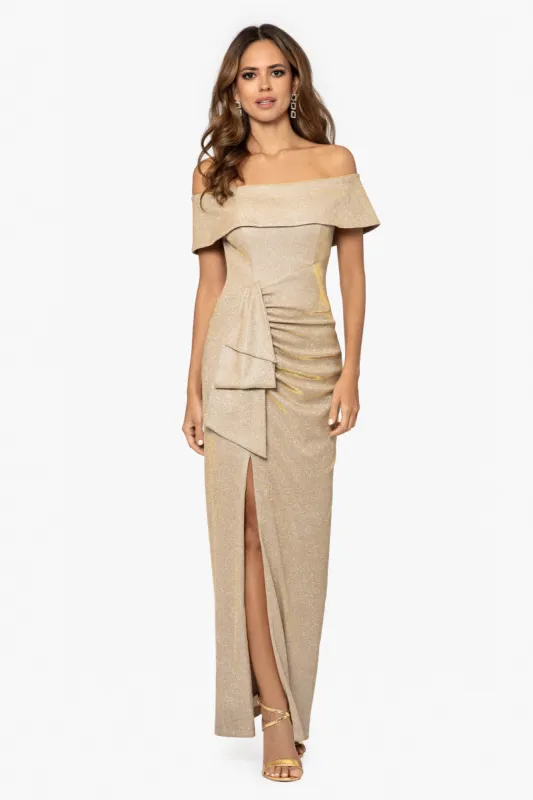 "Tessa" Long Glitter Off the Shoulder Ruffle Dress sold by Xscape