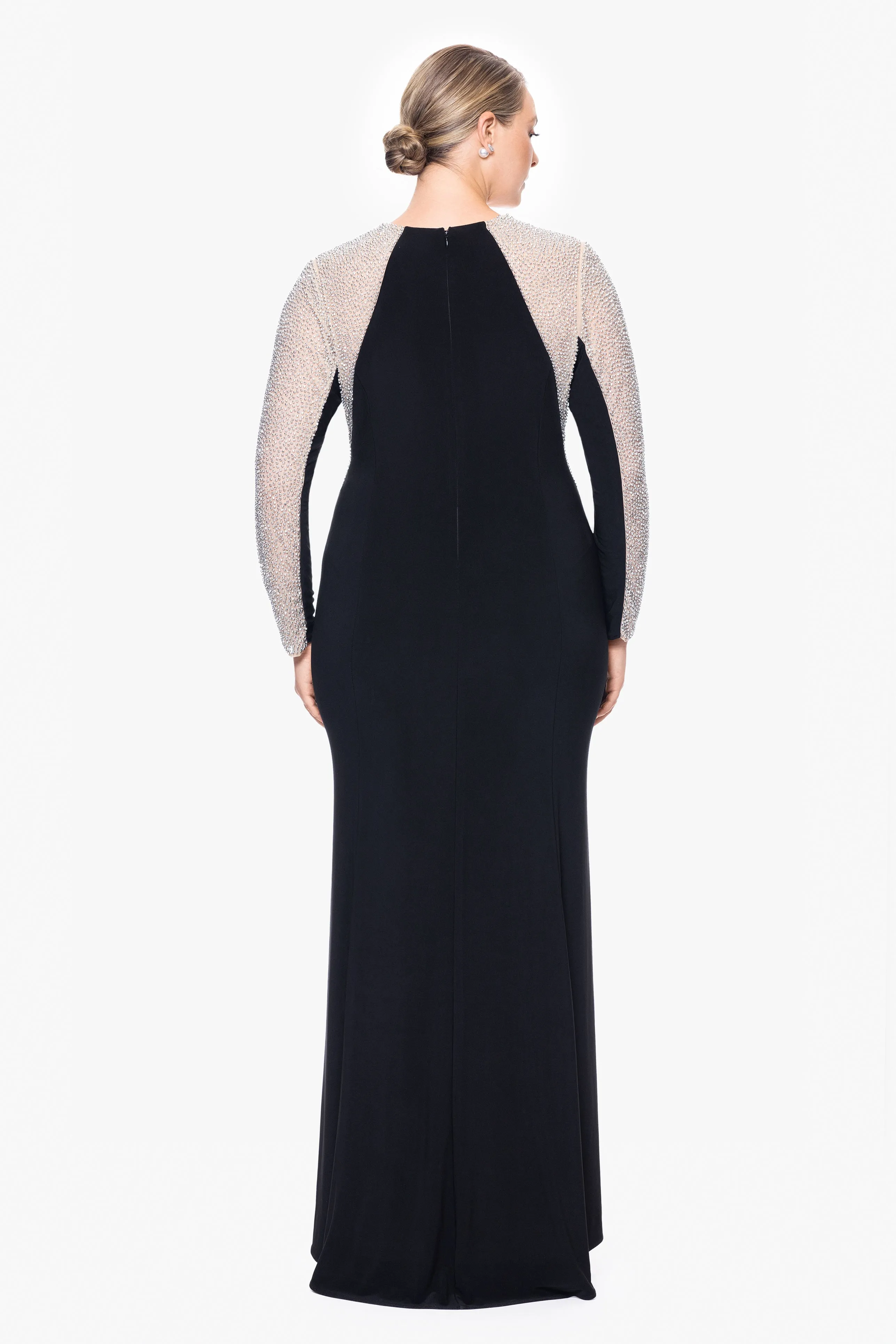Plus "Justina" Long Jersey Knit Caviar Beaded Long Sleeve Scoop Neck Dress sold by Xscape product image thumbnail 2