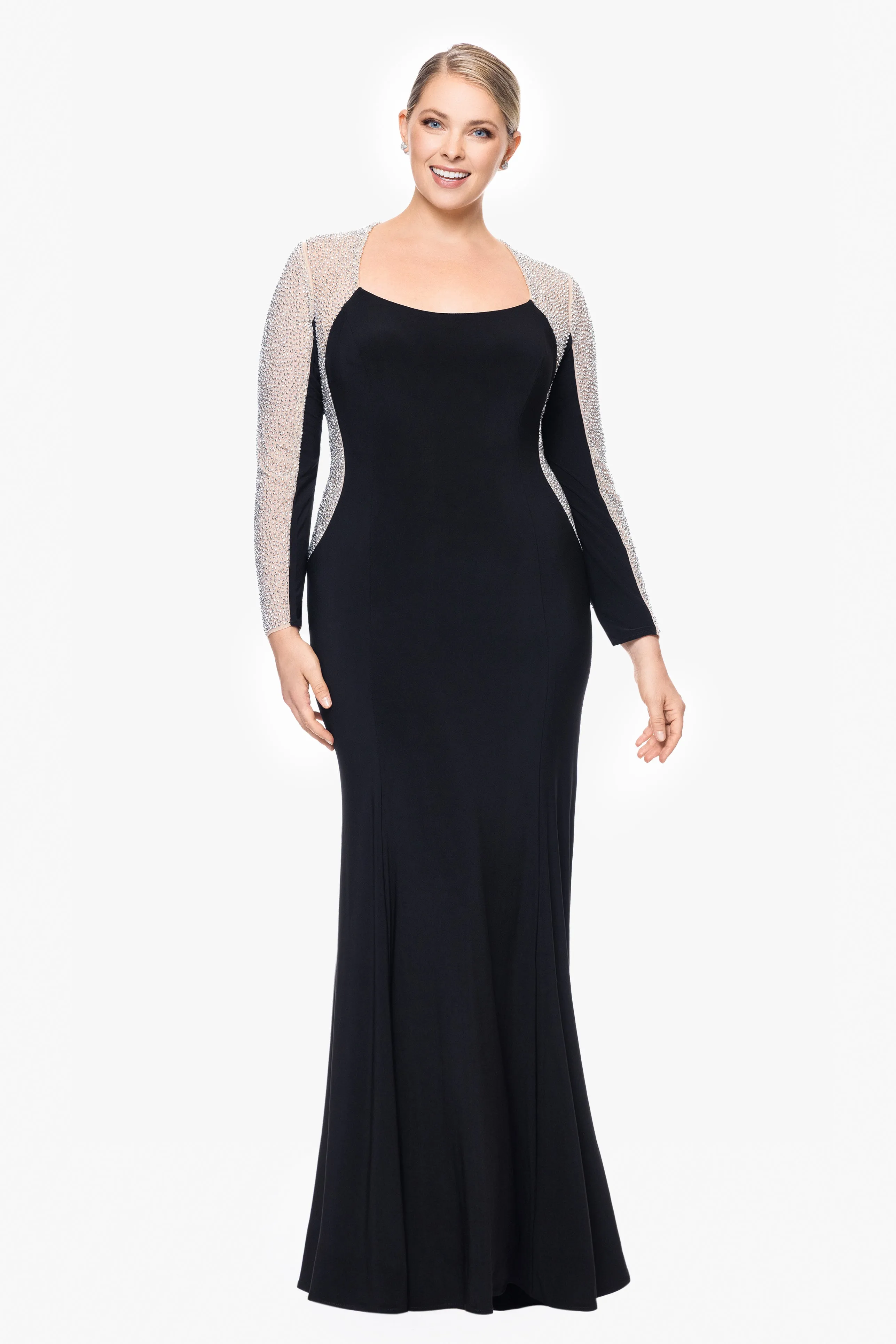 Plus "Justina" Long Jersey Knit Caviar Beaded Long Sleeve Scoop Neck Dress sold by Xscape