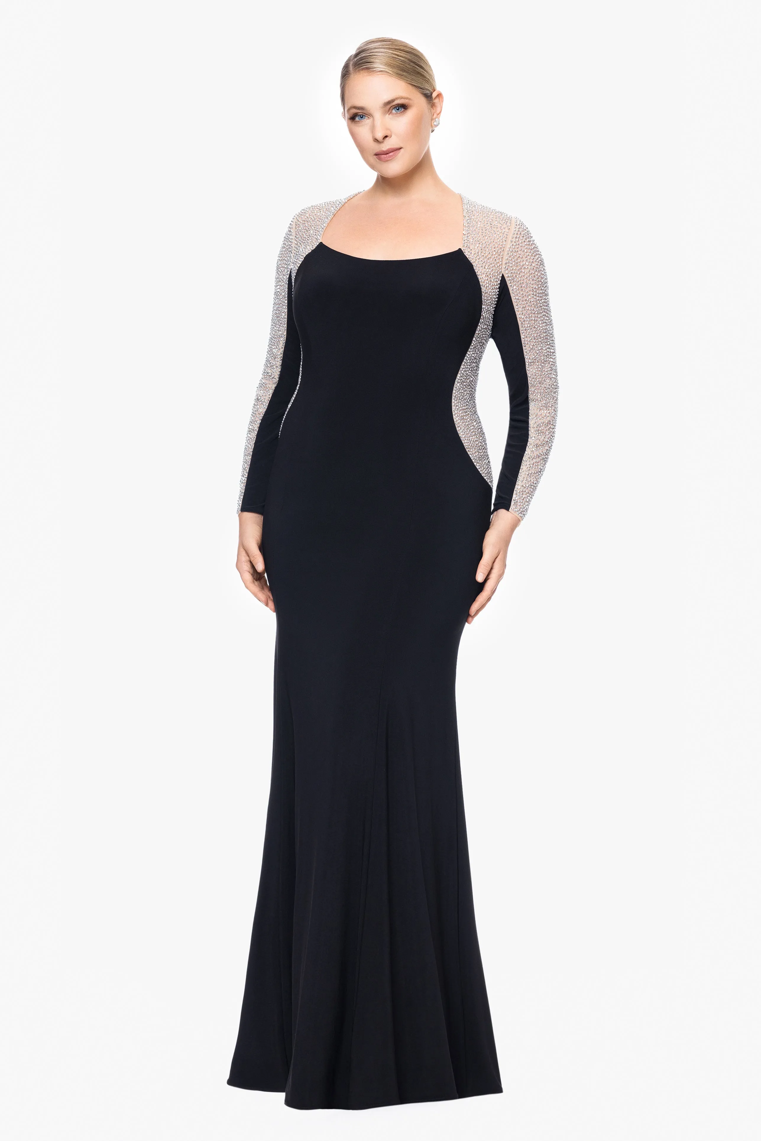 Plus "Justina" Long Jersey Knit Caviar Beaded Long Sleeve Scoop Neck Dress sold by Xscape product image thumbnail 3