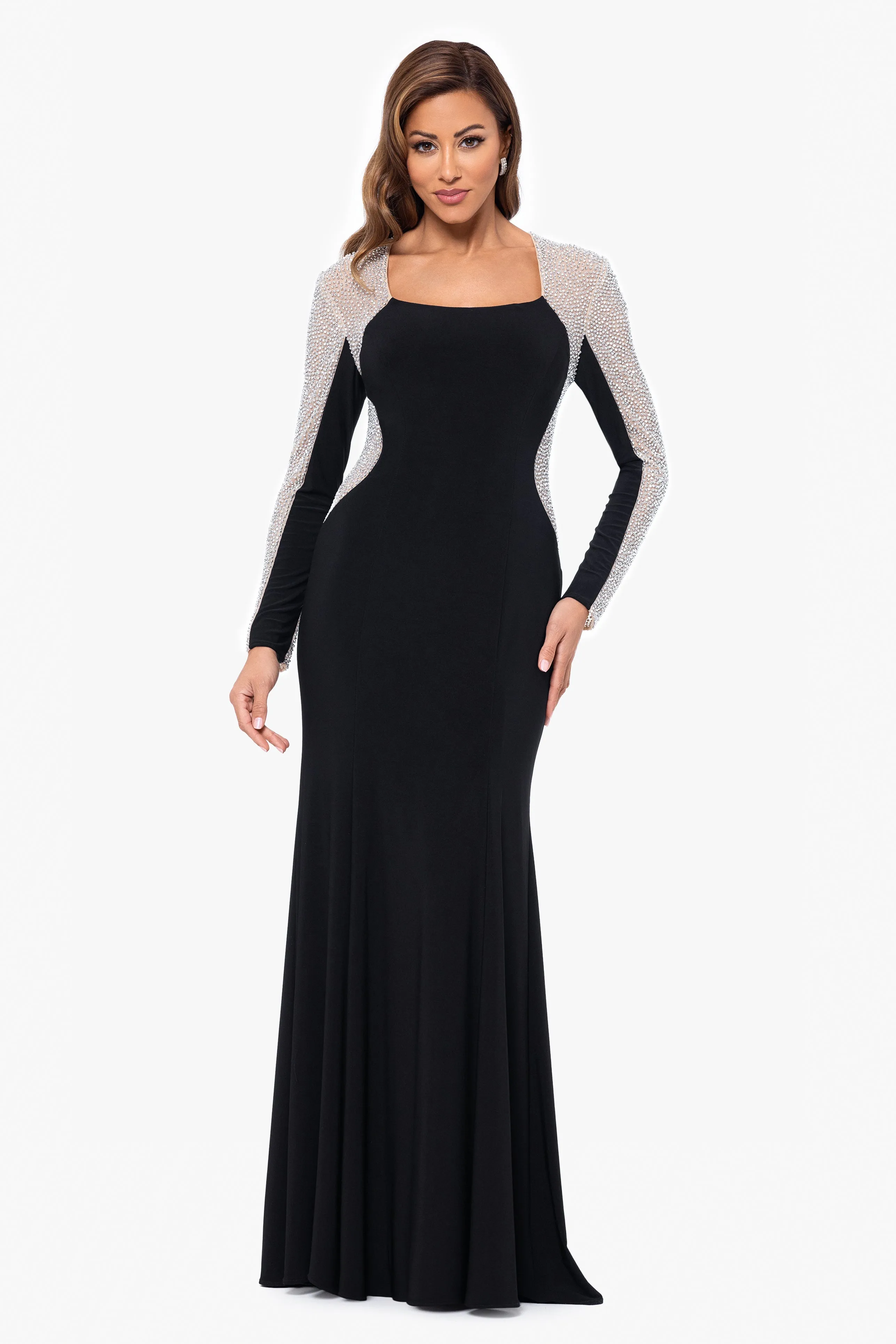 "Justina" Long Jersey Knit Caviar Beaded Long Sleeve Scoop Neck Dress sold by Xscape