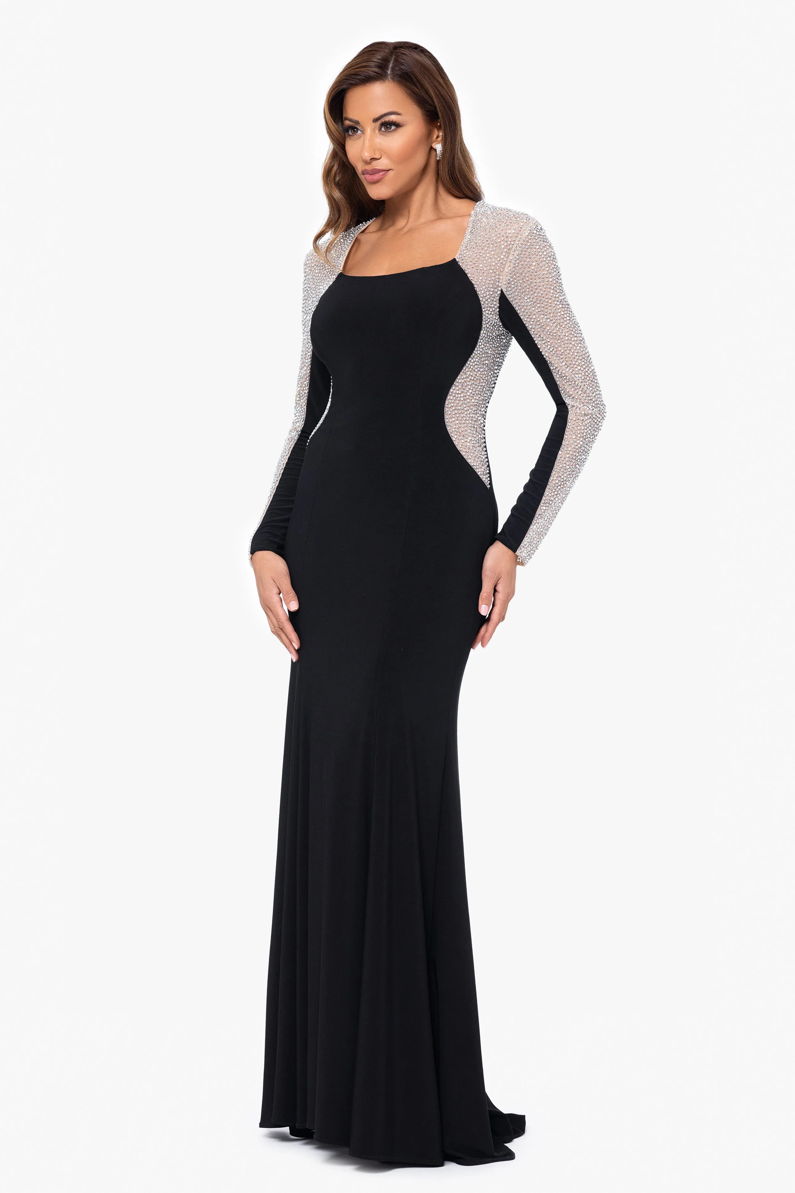 "Justina" Long Jersey Knit Caviar Beaded Long Sleeve Scoop Neck Dress sold by Xscape product image thumbnail 3