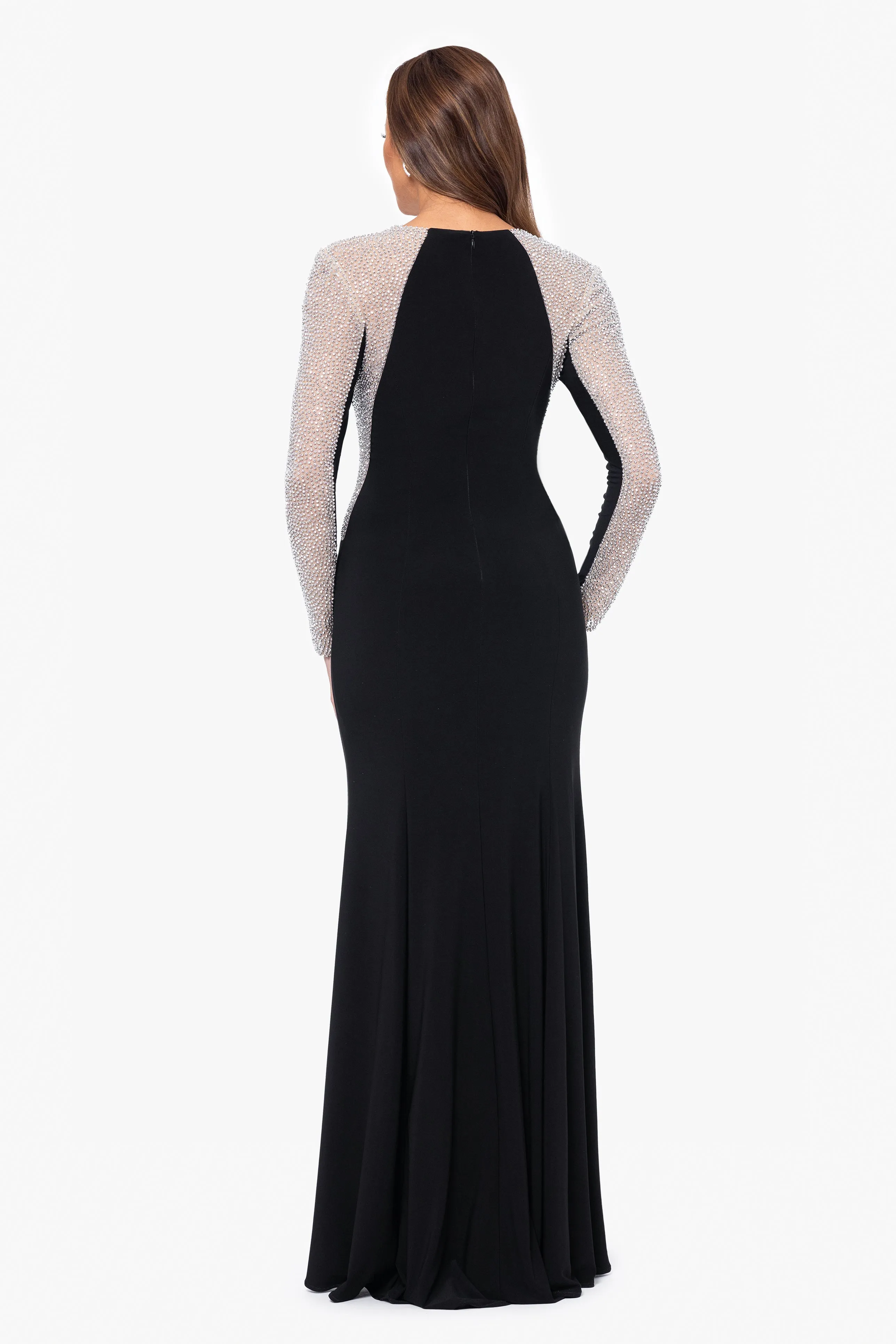 "Justina" Long Jersey Knit Caviar Beaded Long Sleeve Scoop Neck Dress sold by Xscape product image thumbnail 2