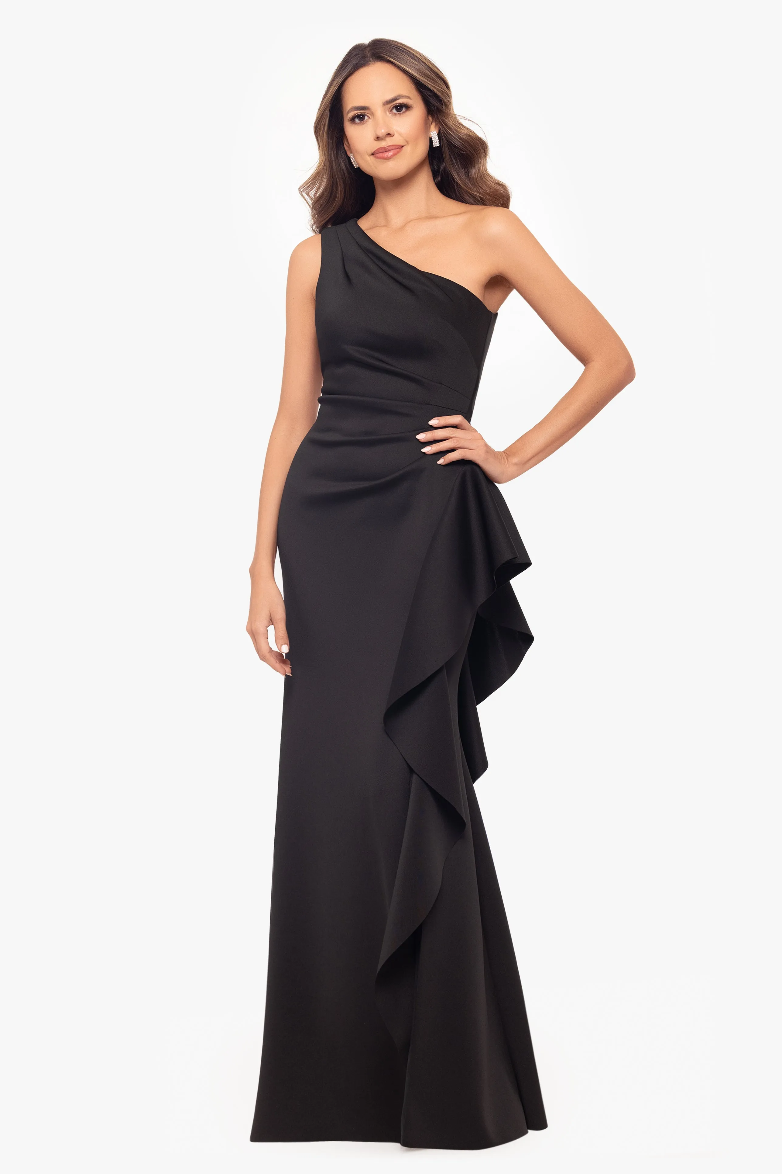 "Flo" Long Techno Scuba One Shoulder Ruffle Dress sold by Xscape product image thumbnail 3