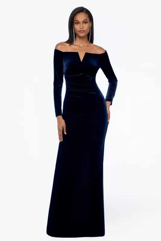"Christy" Long Off the Shoulder Velvet Dress sold by Xscape