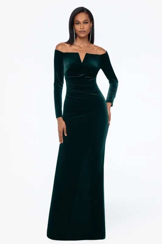 "Christy" Long Off the Shoulder Velvet Dress sold by Xscape