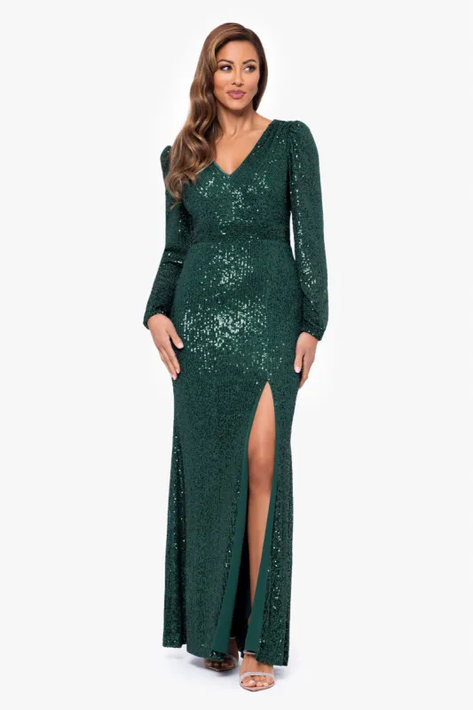 Petite "Farley" Long Sleeve V-Neck Floor Length Dress sold by Xscape