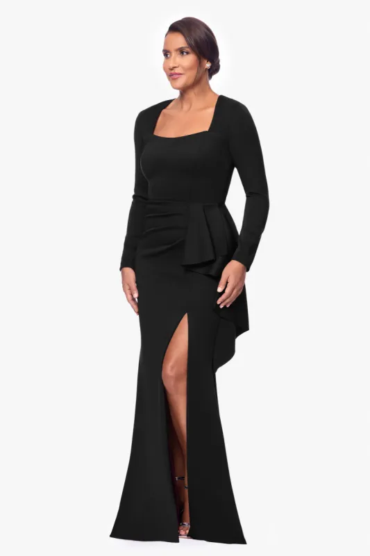"Adrian" Long Techno Scuba Long Sleeve Ruffle Dress sold by Xscape