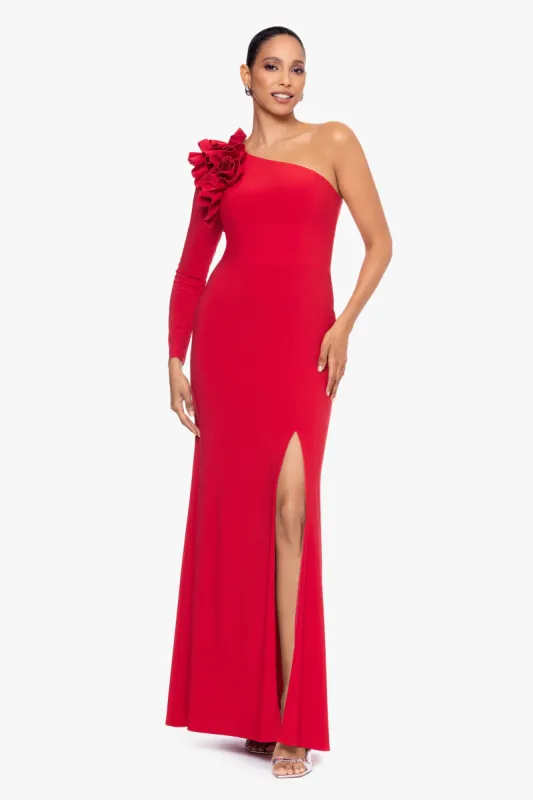 Petite "Krystal" Long Jersey Knit One Shoulder Ruffle Long Sleeve Dress sold by Xscape
