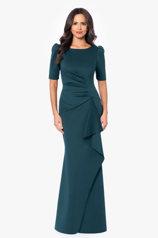 Petite "Demi" 3/4 Sleeve Side Ruched Floor Length Gown sold by Xscape