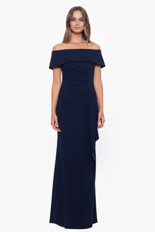 Petite "Lindsay" Long Scuba Crepe Off the Shoulder Dress made by Xscape