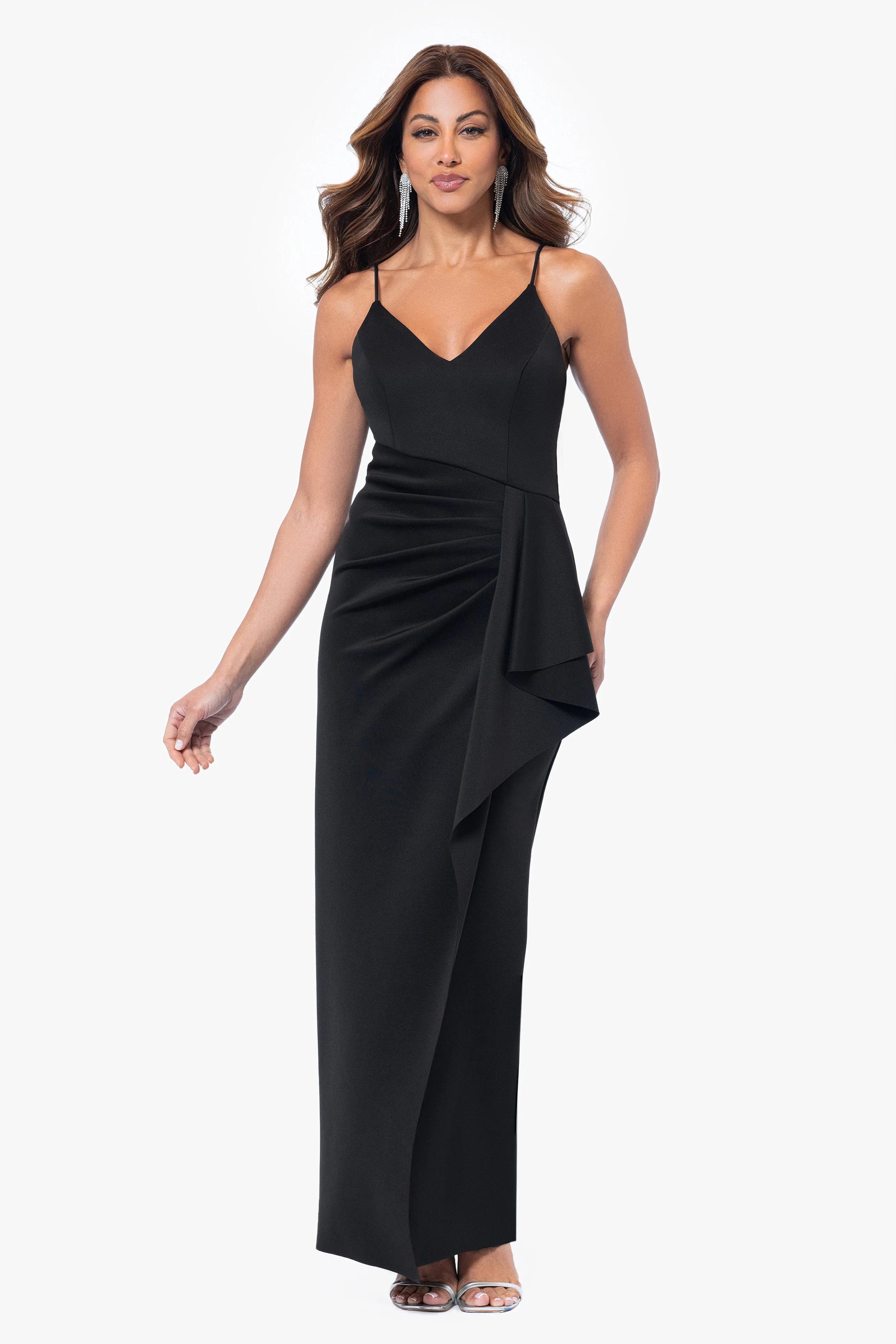 "Tabitha" Long Scuba Crepe Spaghetti Strap Side Ruffle Dress sold by Xscape