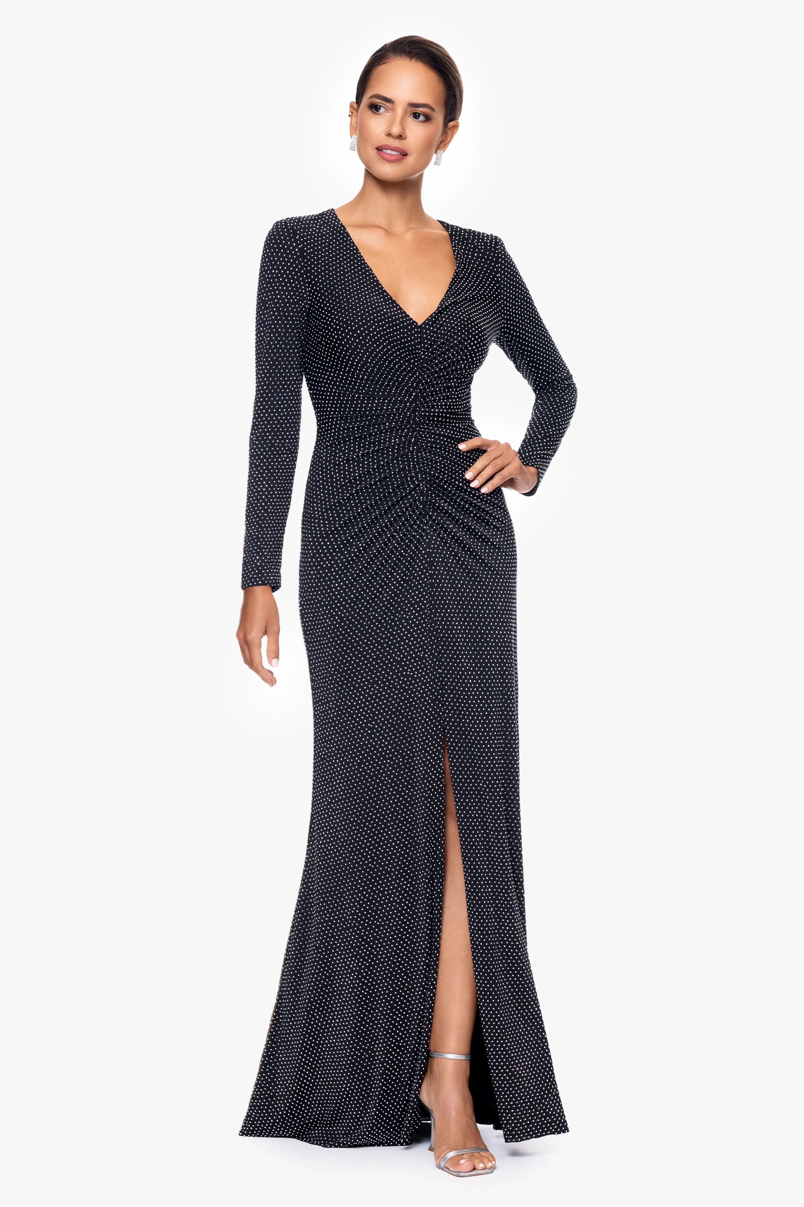 "Devin" Long Rhinestone Jersey Knit V-Neck Dress sold by Xscape product image thumbnail 3