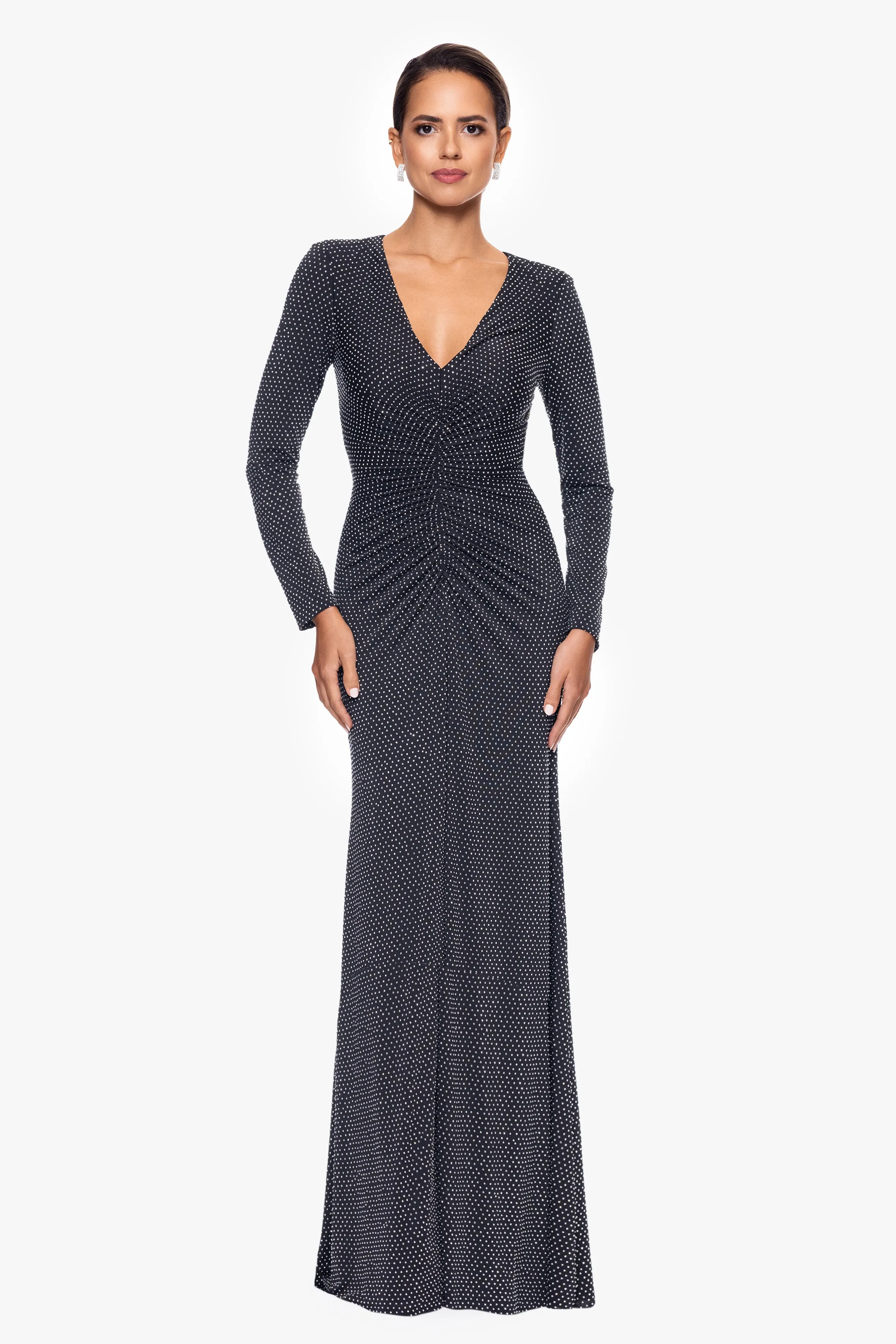 "Devin" Long Rhinestone Jersey Knit V-Neck Dress sold by Xscape