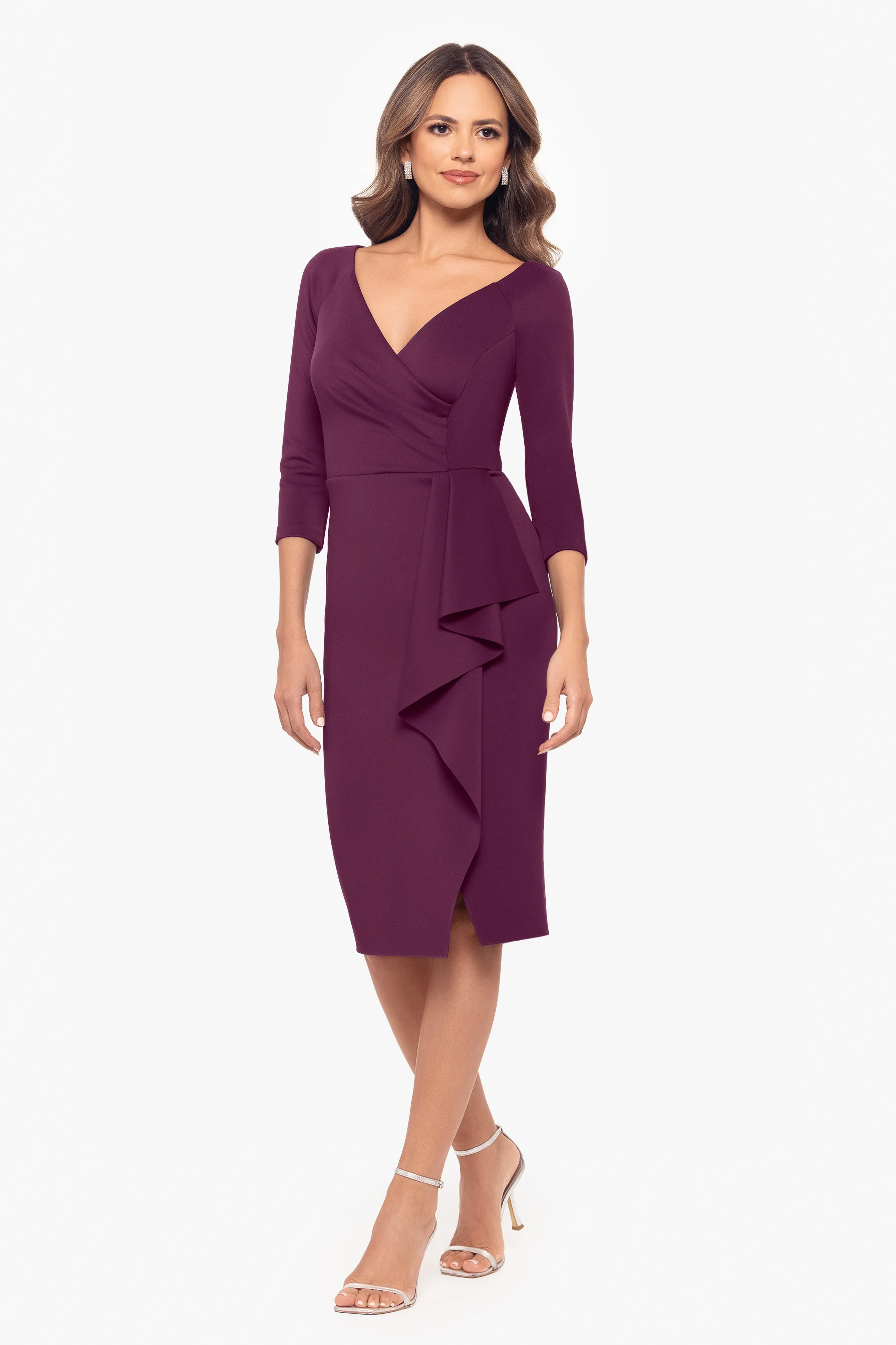 "Angeline" Knee Length Scuba V-Neck Ruffle Dress sold by Xscape product image thumbnail 3