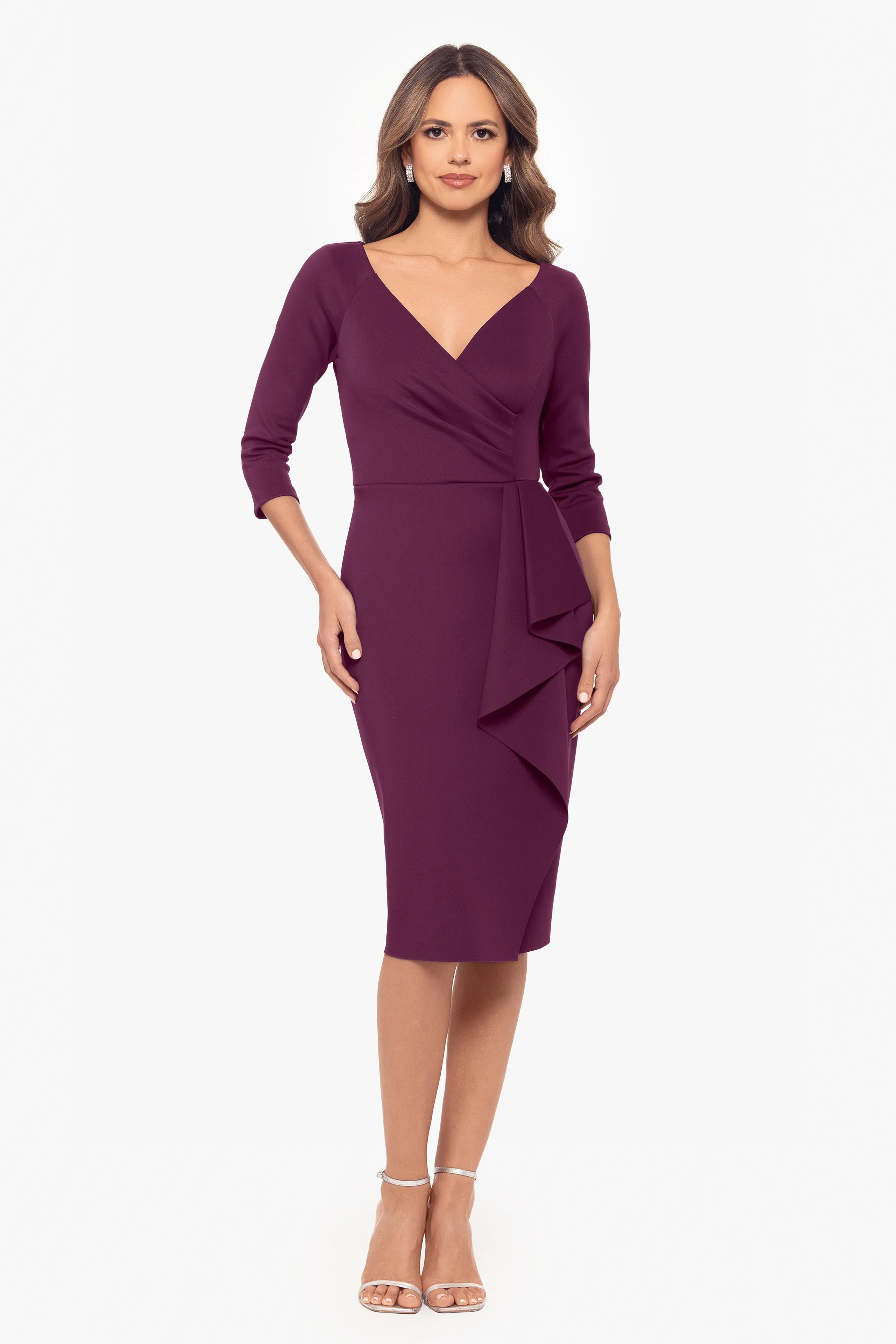 "Angeline" Knee Length Scuba V-Neck Ruffle Dress sold by Xscape