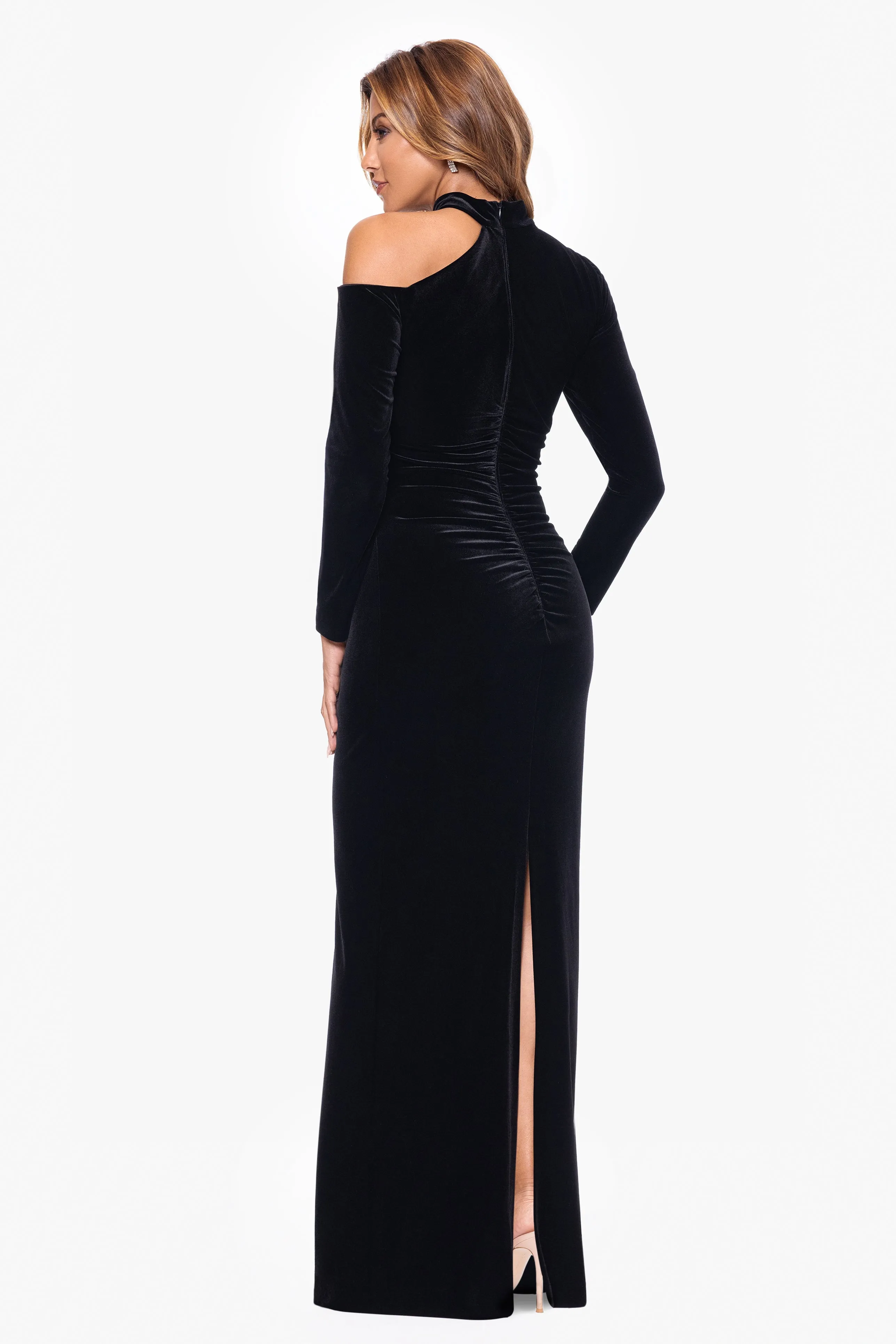 "Julia" Long Velvet Cut Out Shoulder Dress sold by Xscape product image thumbnail 2