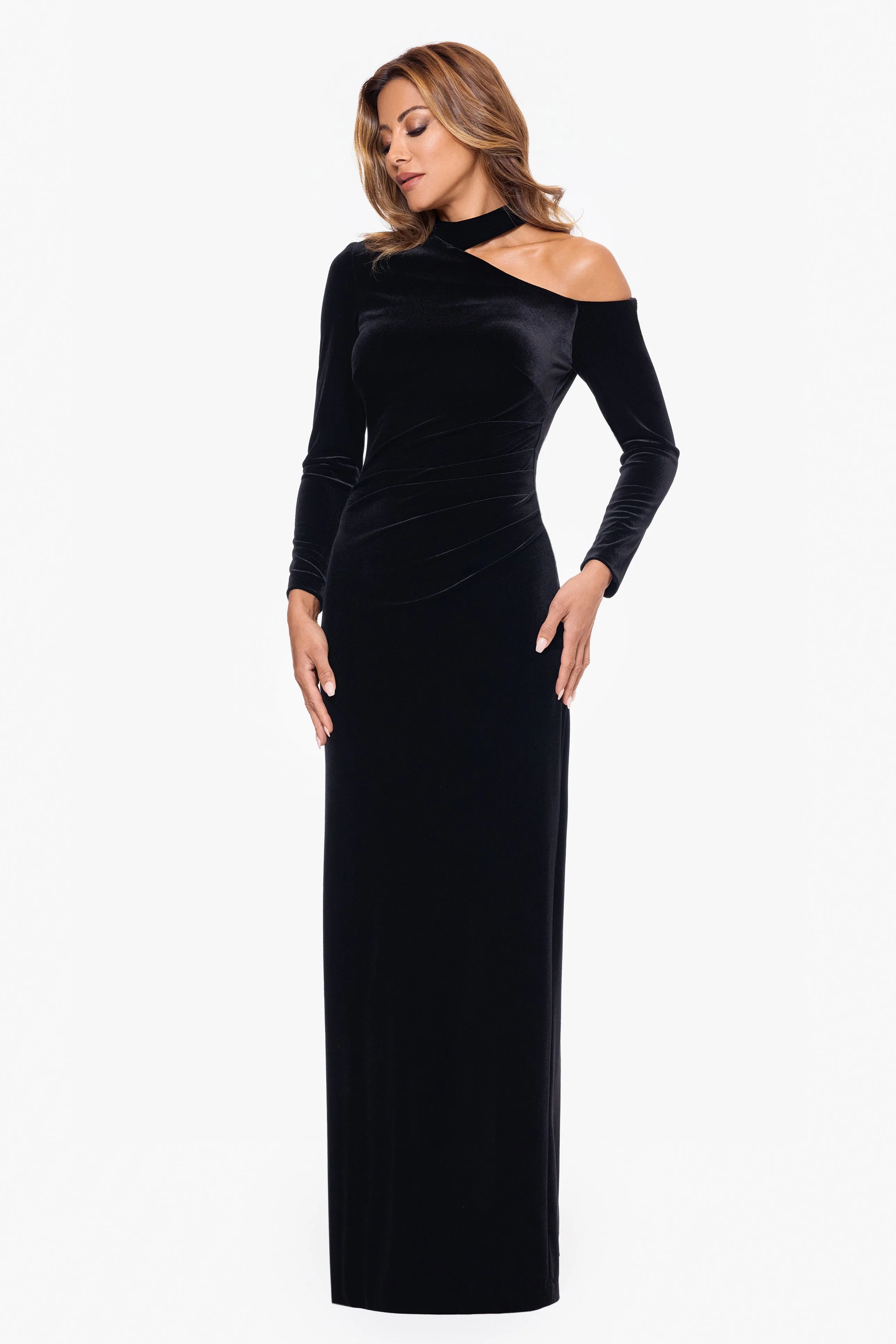 "Julia" Long Velvet Cut Out Shoulder Dress sold by Xscape product image thumbnail 3