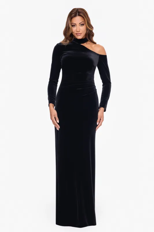 "Julia" Long Velvet Cut Out Shoulder Dress sold by Xscape