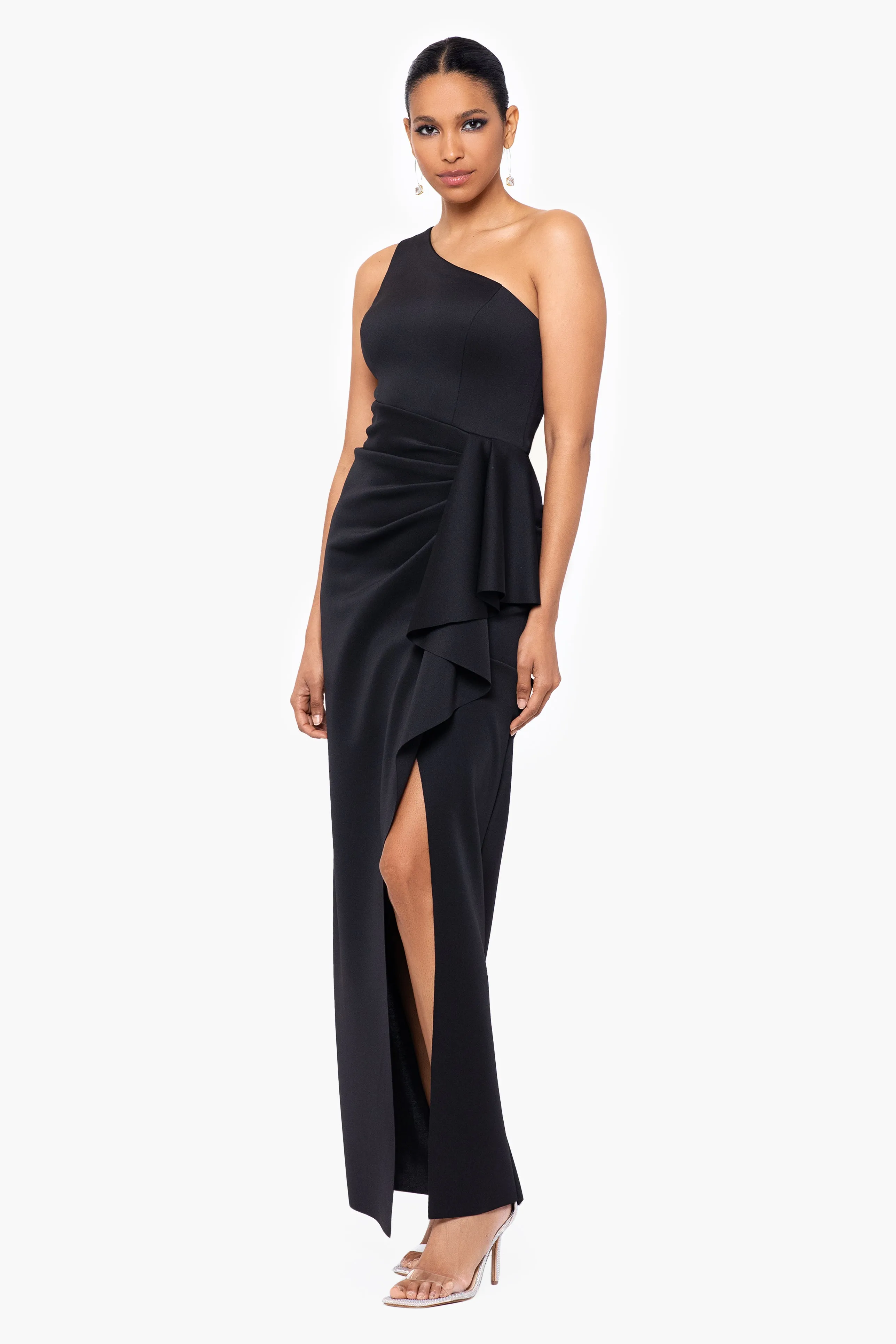 "Tana" Long Scuba One Shoulder Ruffle Floor Length Dress sold by Xscape product image thumbnail 3