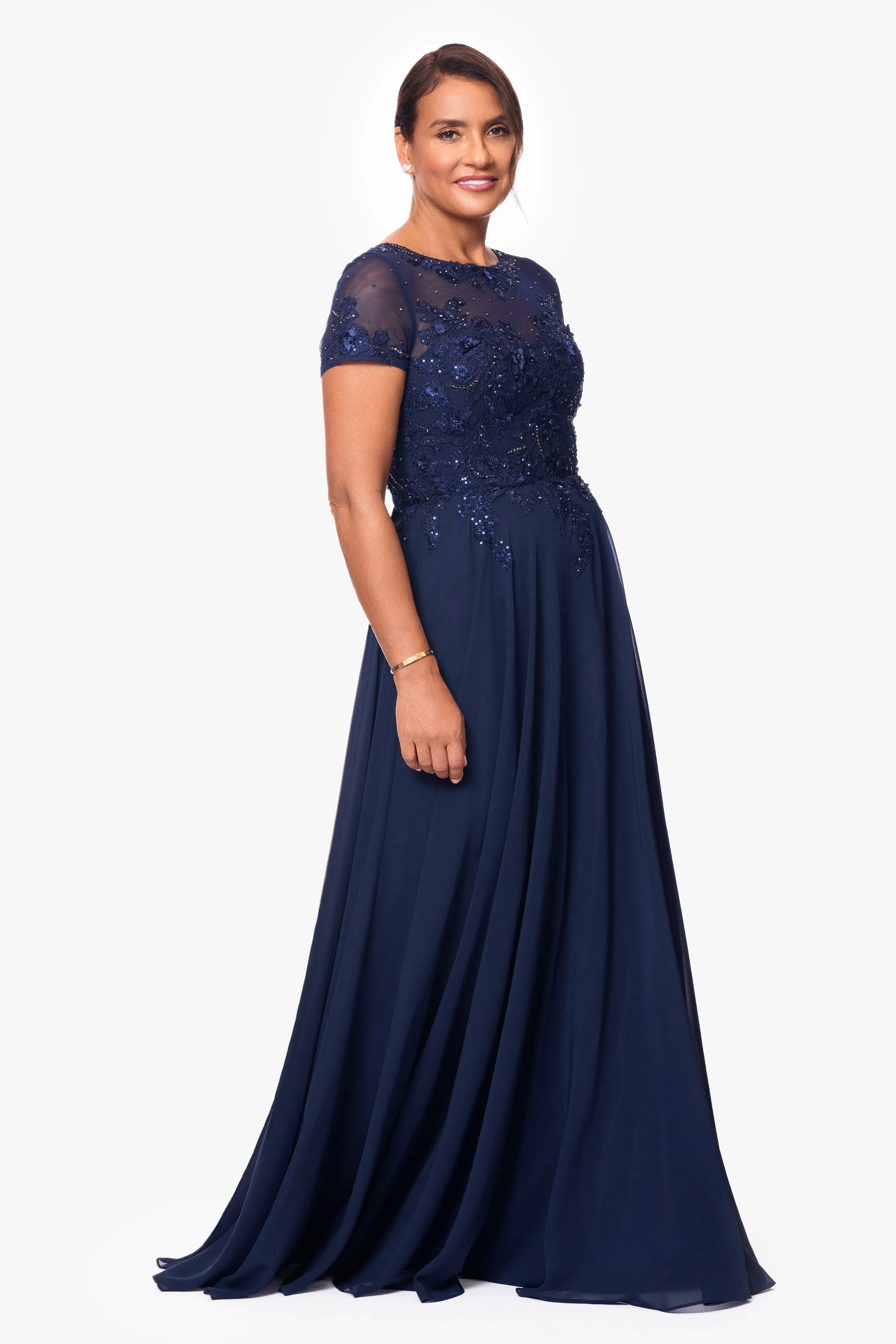 Petite "Angelica" Long Chiffon Beaded Mesh Top Dress sold by Xscape product image thumbnail 3