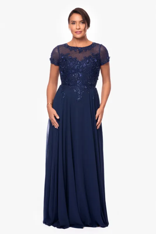 Petite "Angelica" Long Chiffon Beaded Mesh Top Dress sold by Xscape