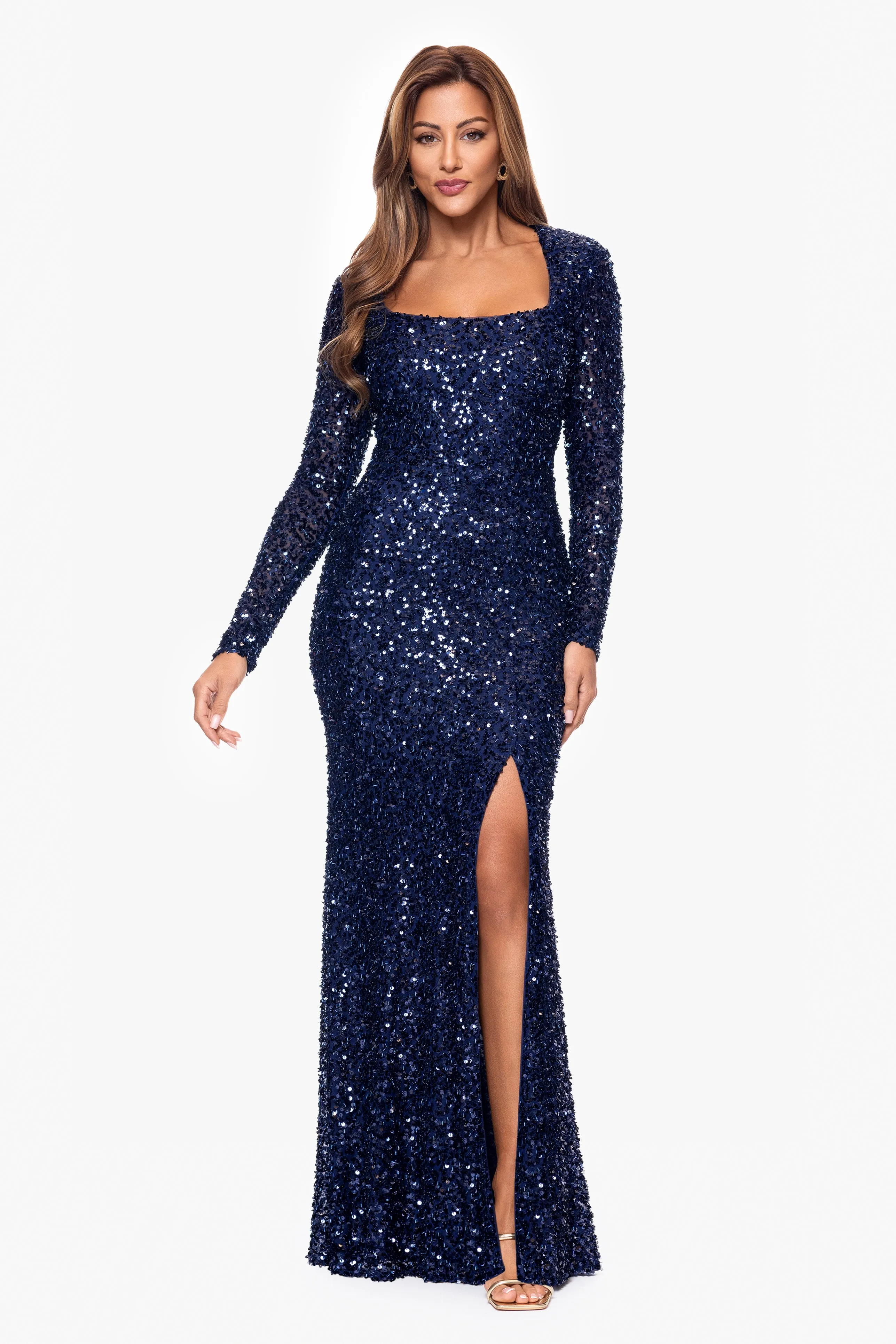 "Siobhan" Long Sleeve Beaded Sequin Mesh Long Sleeve Floor Length Dress sold by Xscape