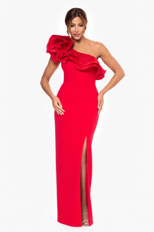 "Vicky" Long Scuba Crepe One Shoulder Flower Ruffle Floor Length Dress sold by Xscape