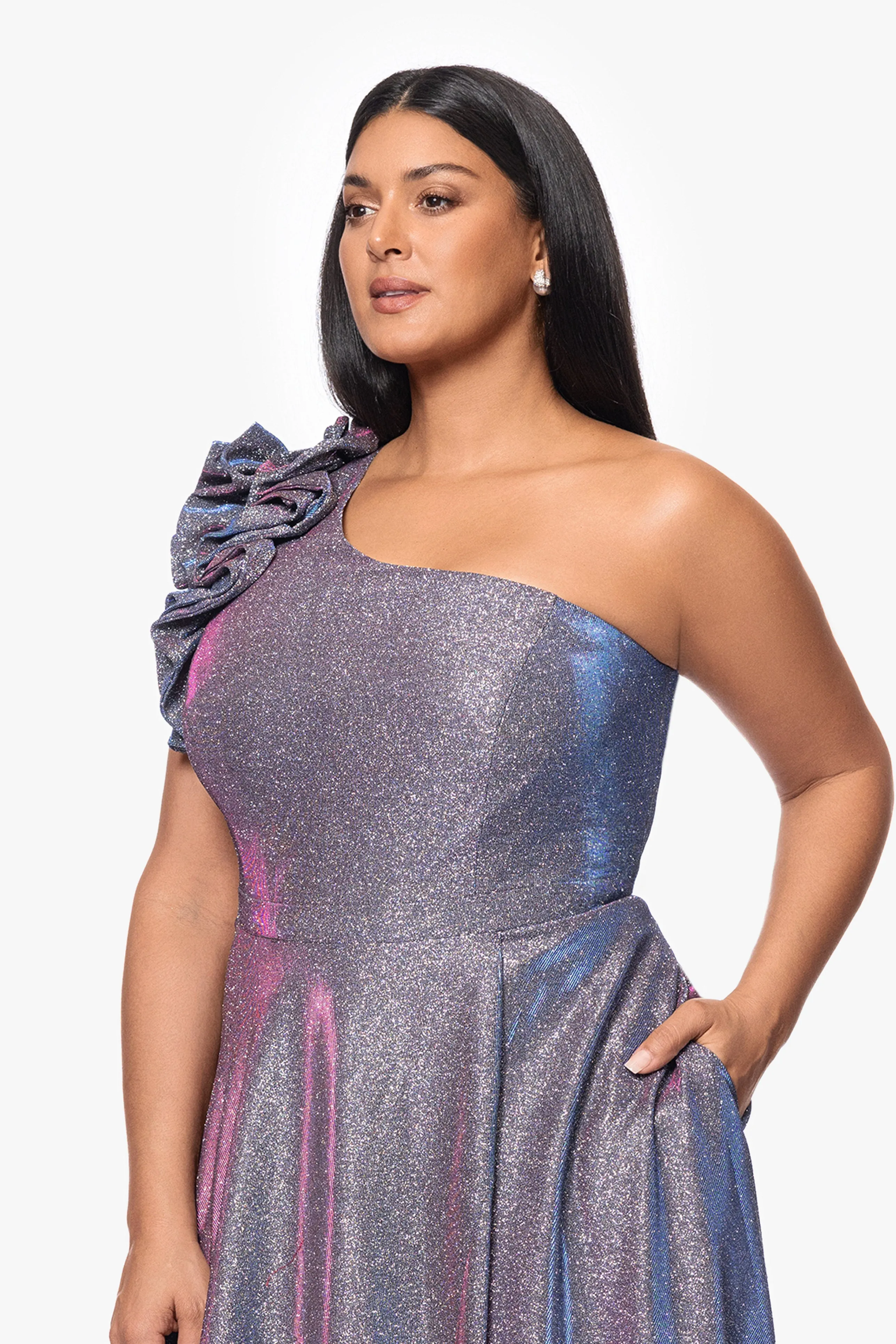Plus "Havannah" One Shoulder Ruffle Glitter Gown sold by Xscape product image thumbnail 4