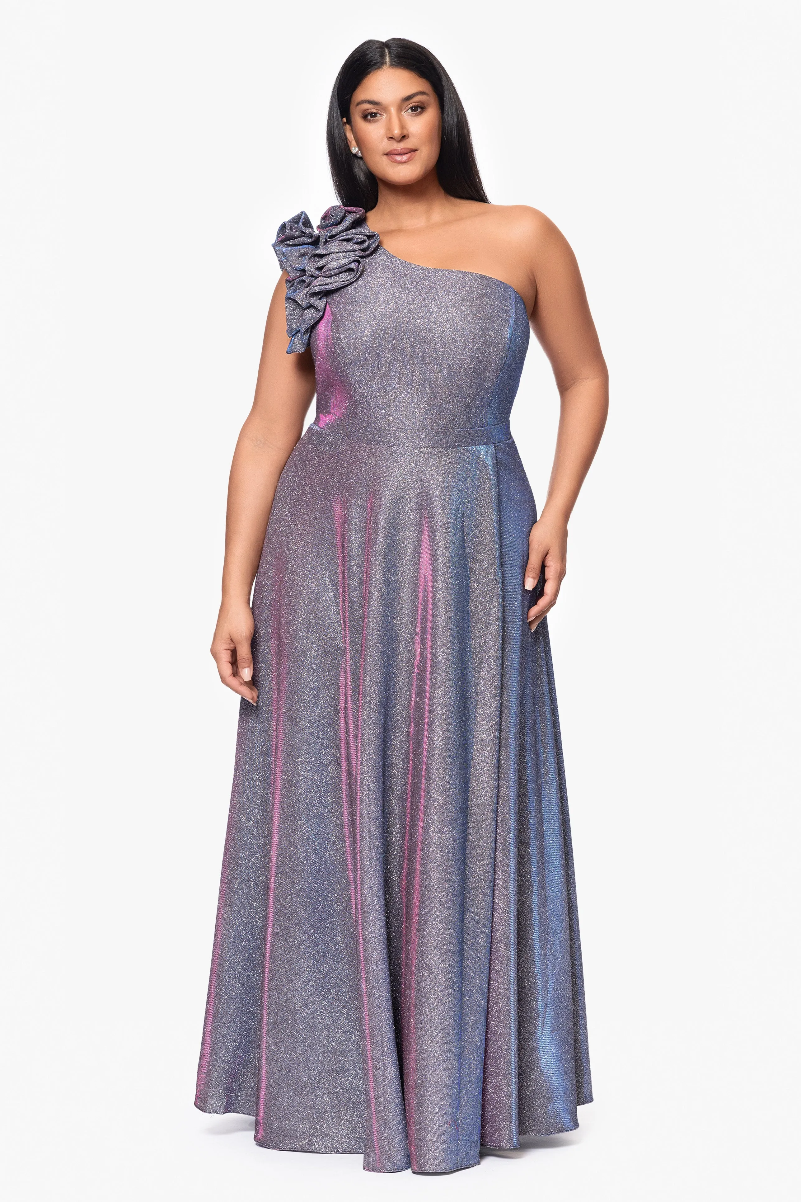 Plus "Havannah" One Shoulder Ruffle Glitter Gown sold by Xscape