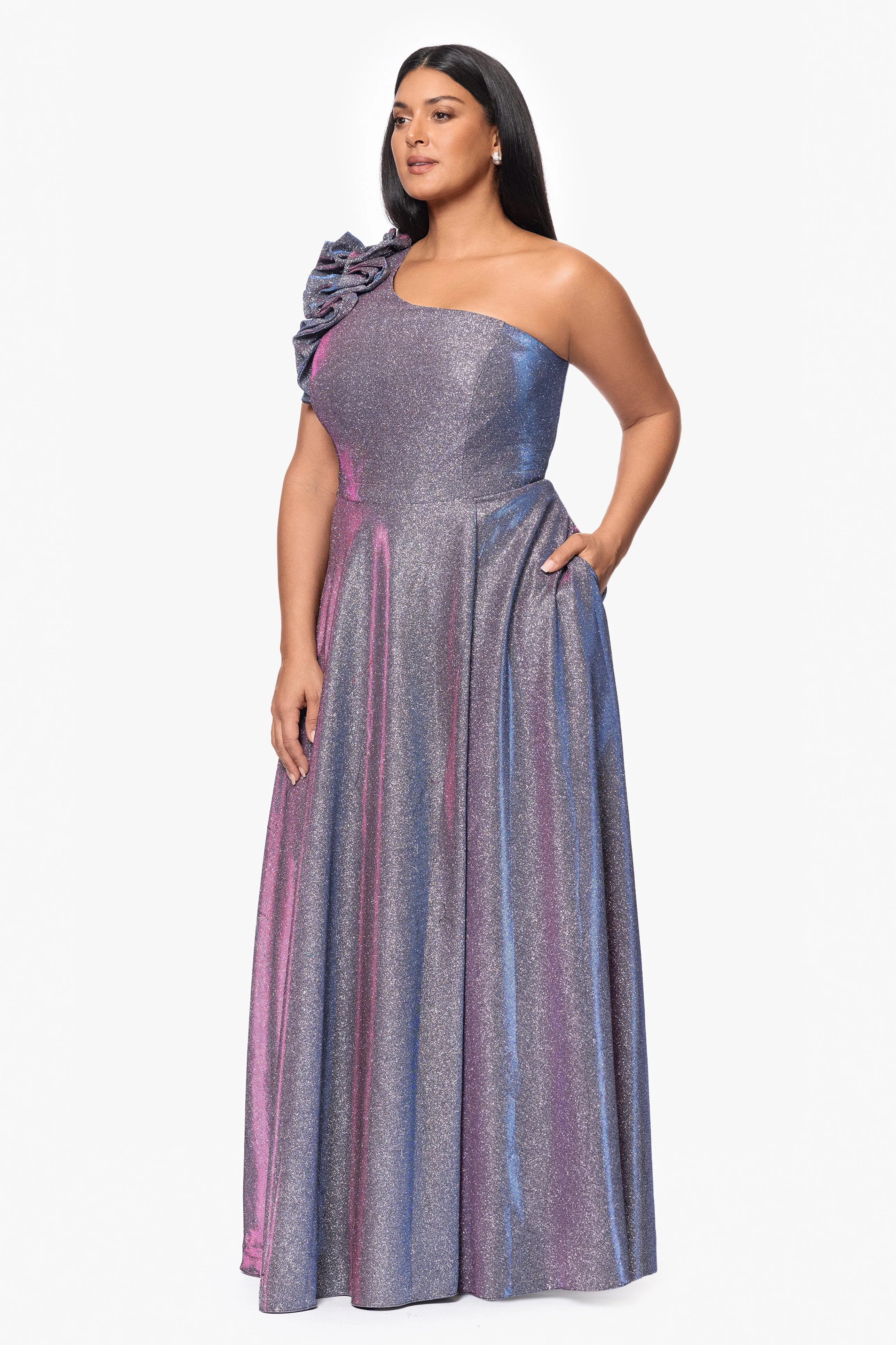 Plus "Havannah" One Shoulder Ruffle Glitter Gown sold by Xscape product image thumbnail 3
