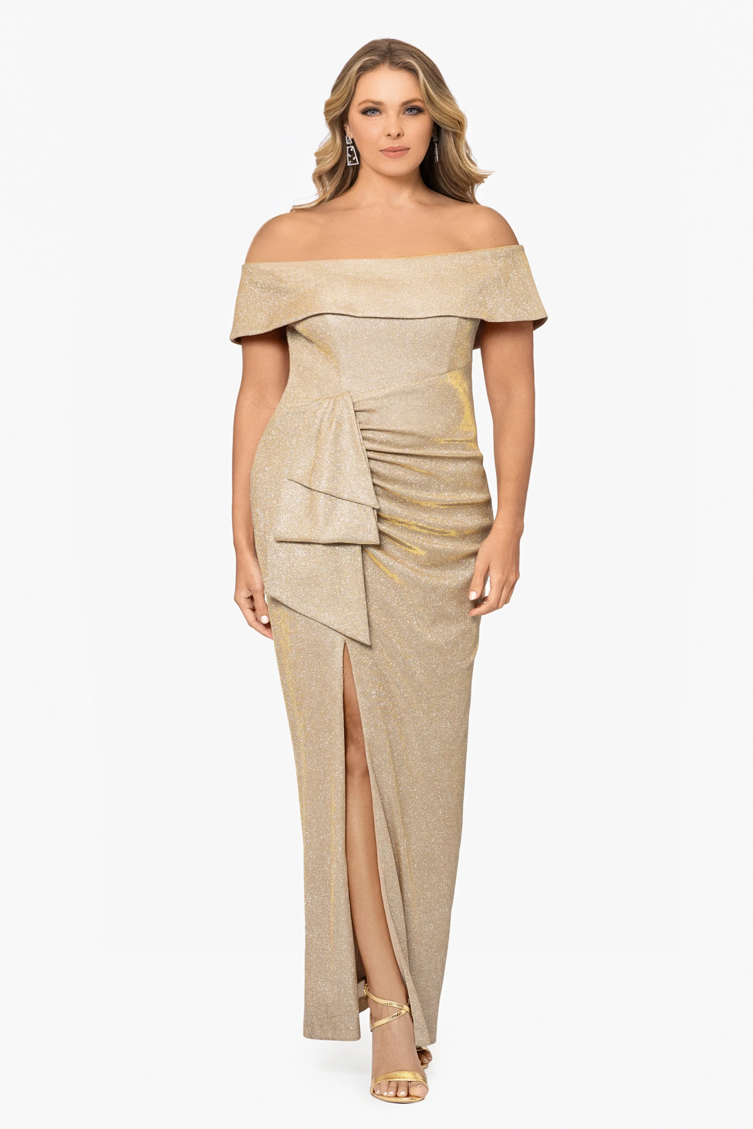 Plus "Tessa" Long Glitter Off the Shoulder Ruffle Dress sold by Xscape