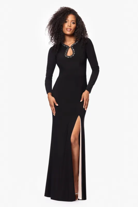 "Marcella" Long Jersey Knit Beaded Keyhole Neck Floor Length Dress sold by Xscape