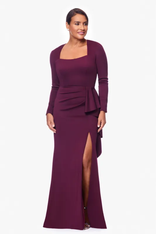 Petite "Adrian" Long Techno Scuba Long Sleeve Ruffle Dress sold by Xscape