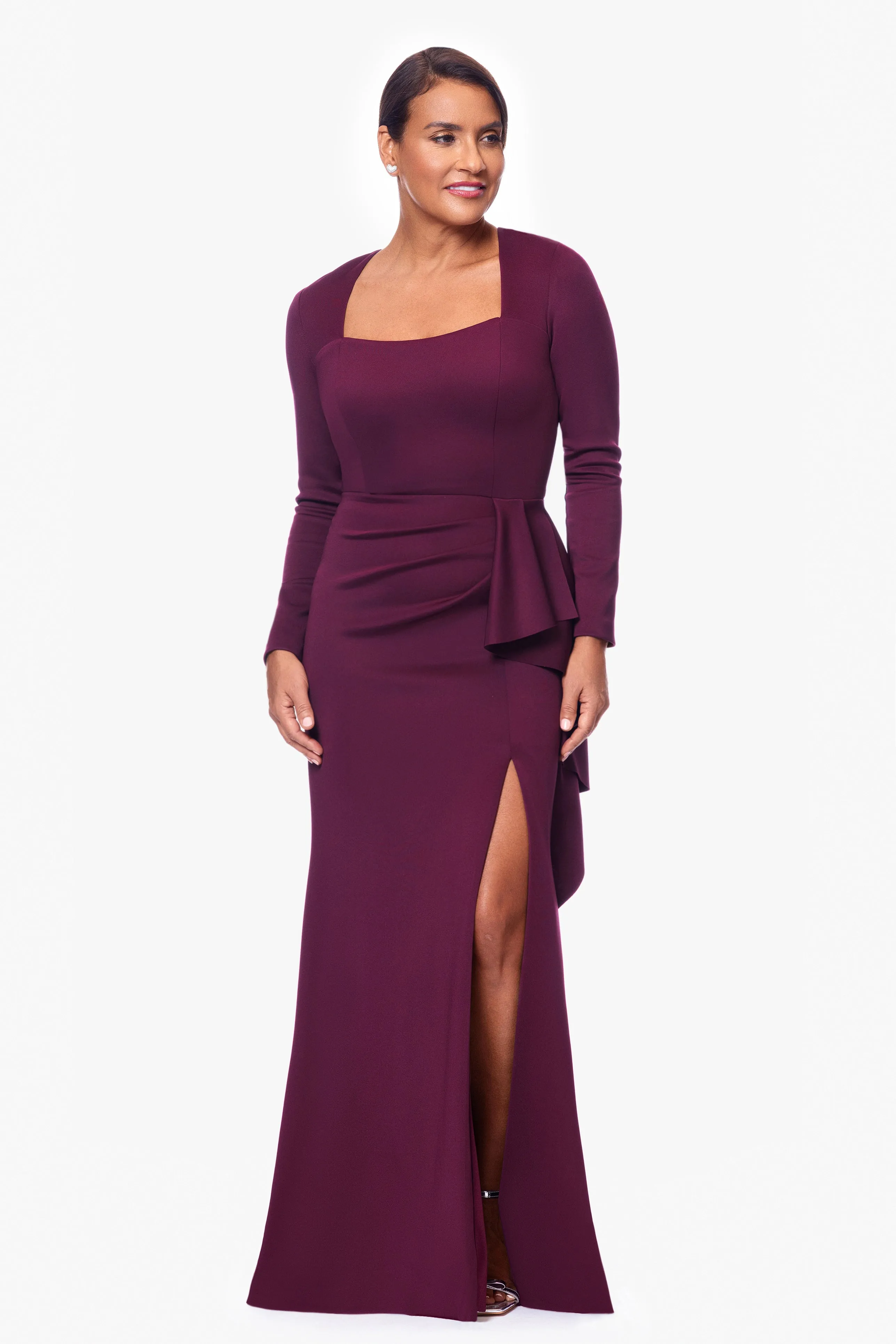 Petite "Adrian" Long Techno Scuba Long Sleeve Ruffle Dress sold by Xscape product image thumbnail 3