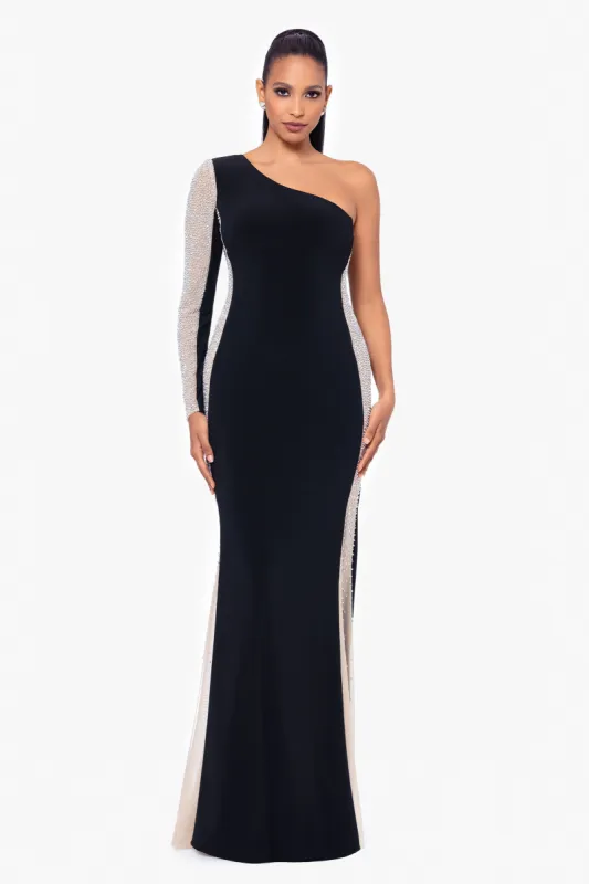 Petite "Dorthey" Long Caviar Beaded Jersey Knit One Shoulder Long Sleeve Dress sold by Xscape