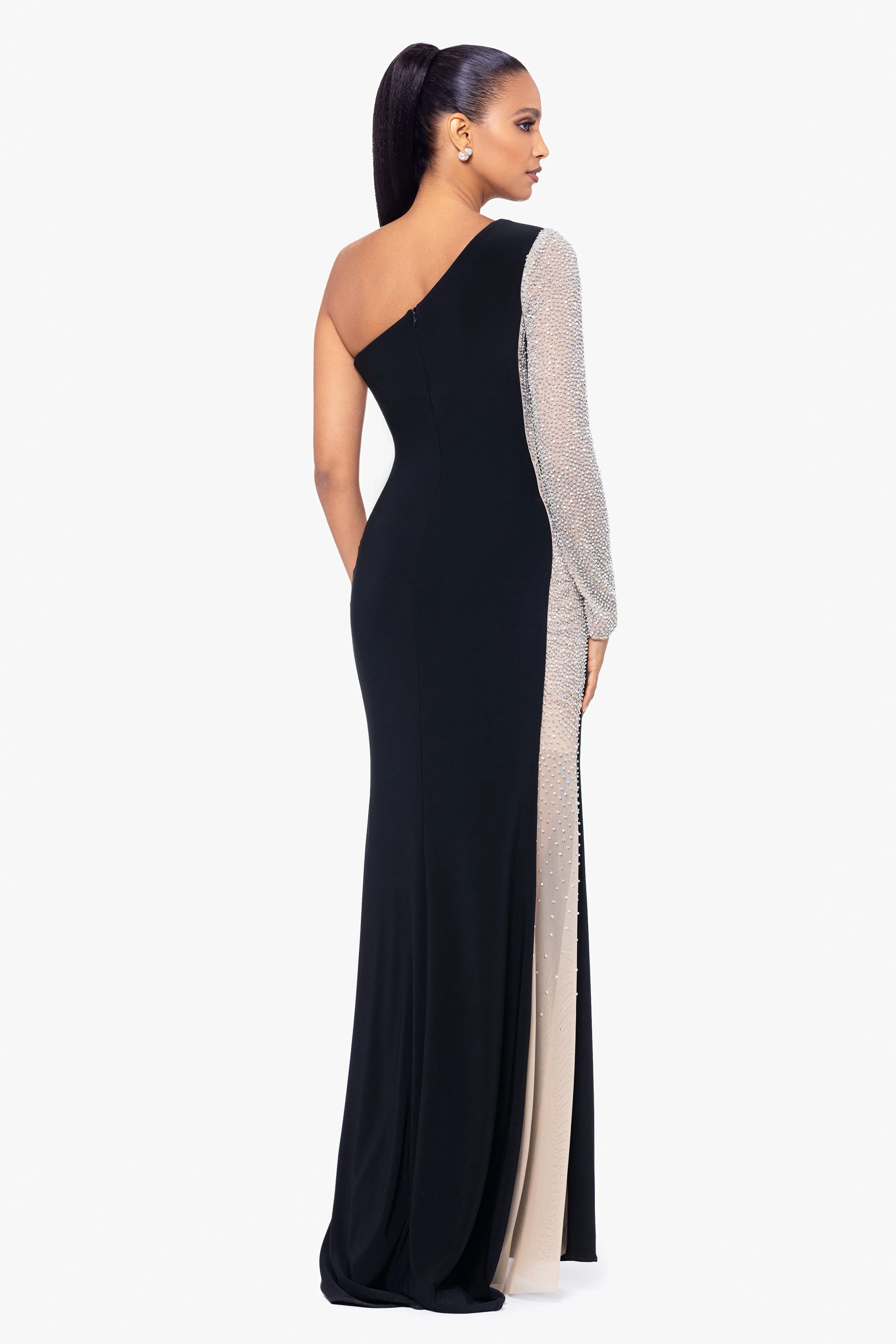 Petite "Dorthey" Long Caviar Beaded Jersey Knit One Shoulder Long Sleeve Dress sold by Xscape product image thumbnail 2