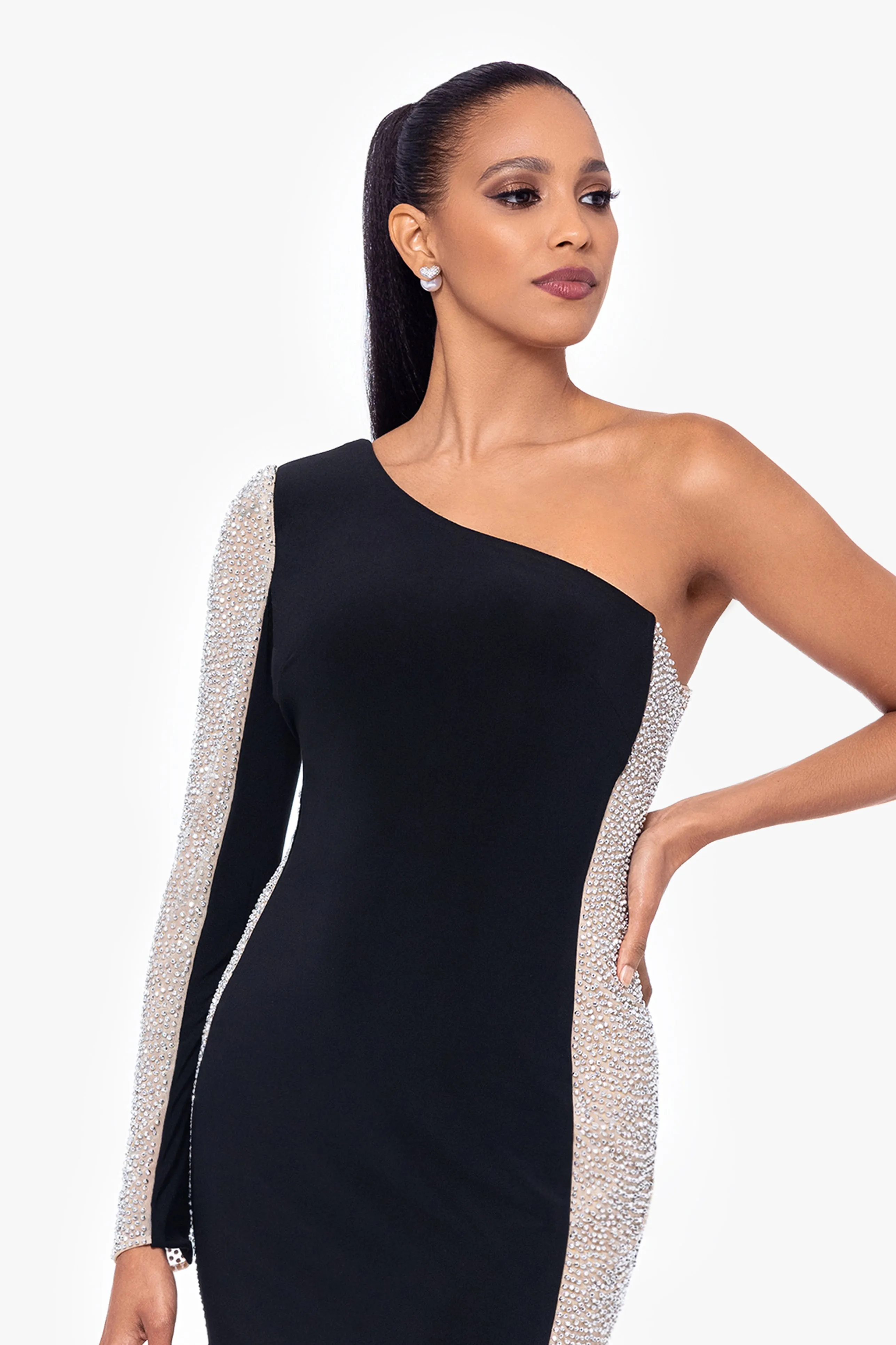 Petite "Dorthey" Long Caviar Beaded Jersey Knit One Shoulder Long Sleeve Dress sold by Xscape product image thumbnail 4