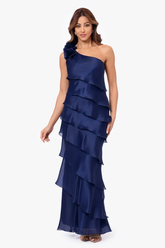 "Rosina" Long Metallic Organza Tiered One-Shoulder Dress sold by Xscape