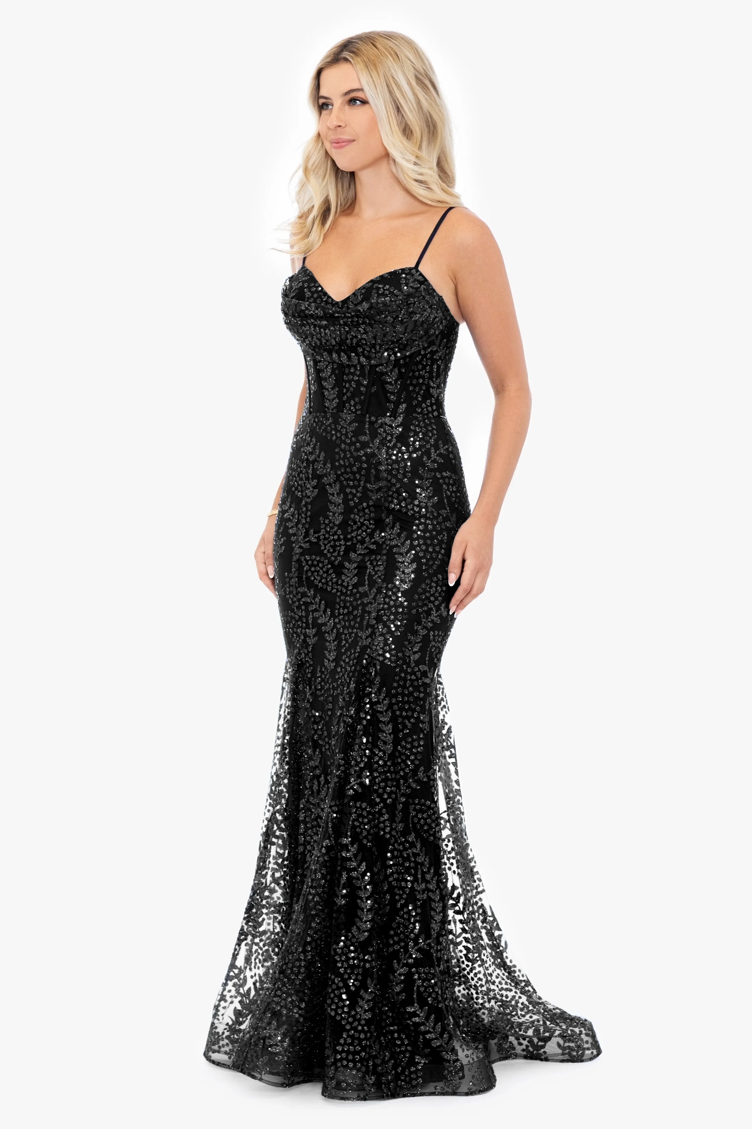 Blondie Nites "Marissa" Long Glitter Mesh Lace Up Back Gown sold by Xscape product image thumbnail 3