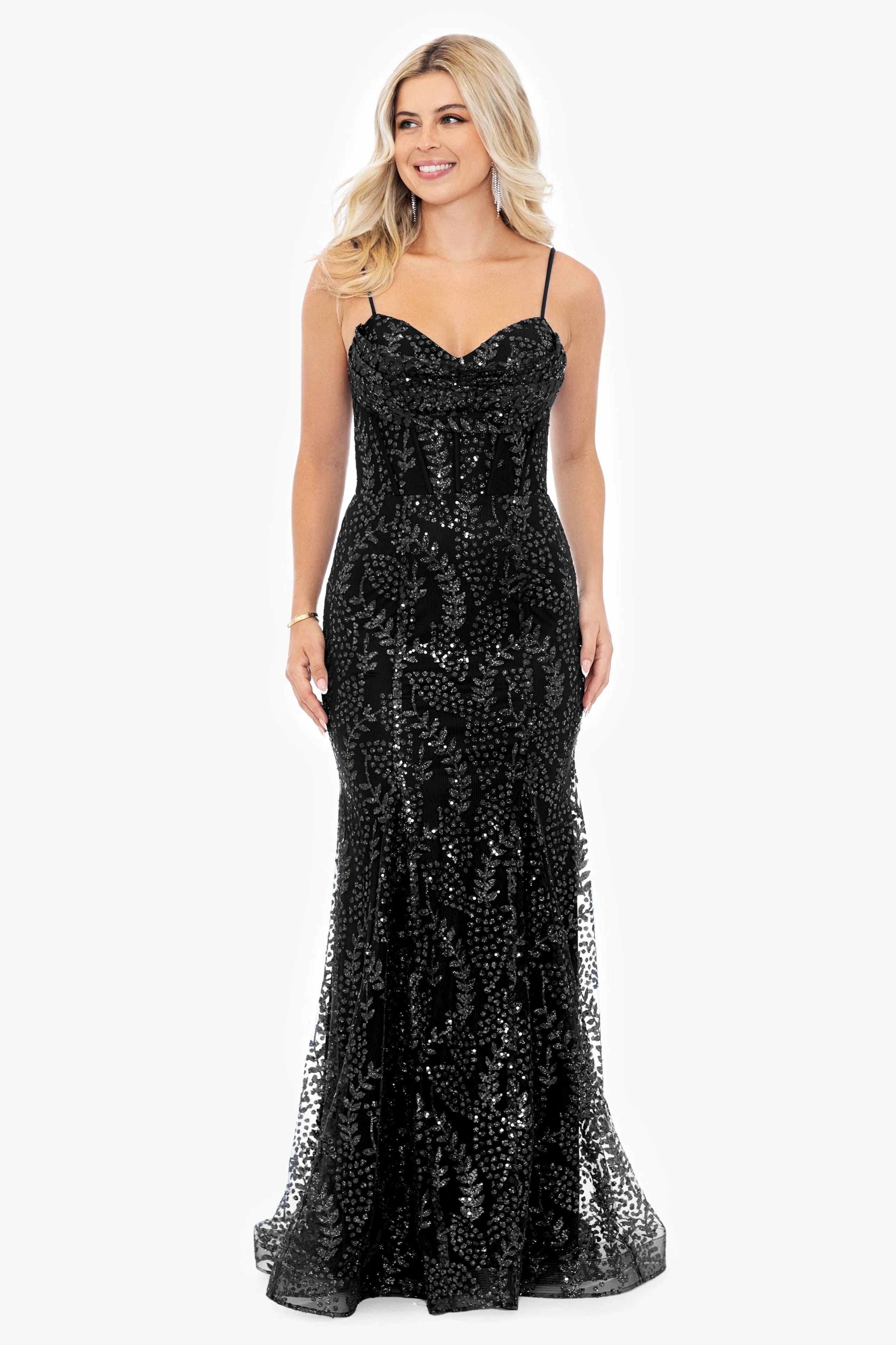 Blondie Nites "Marissa" Long Glitter Mesh Lace Up Back Gown sold by Xscape